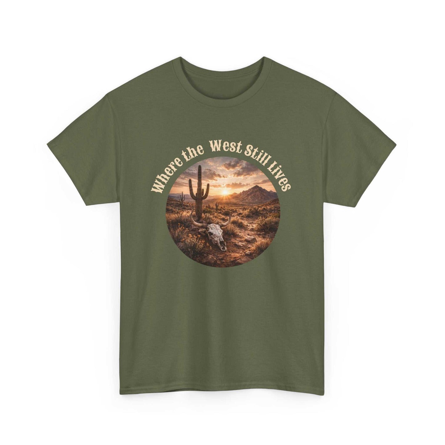 Western Sunset Tee by Big Sky Ranch Co., featuring a desert scene with the slogan "Where the West Still Lives" on a stylish T-shirt.