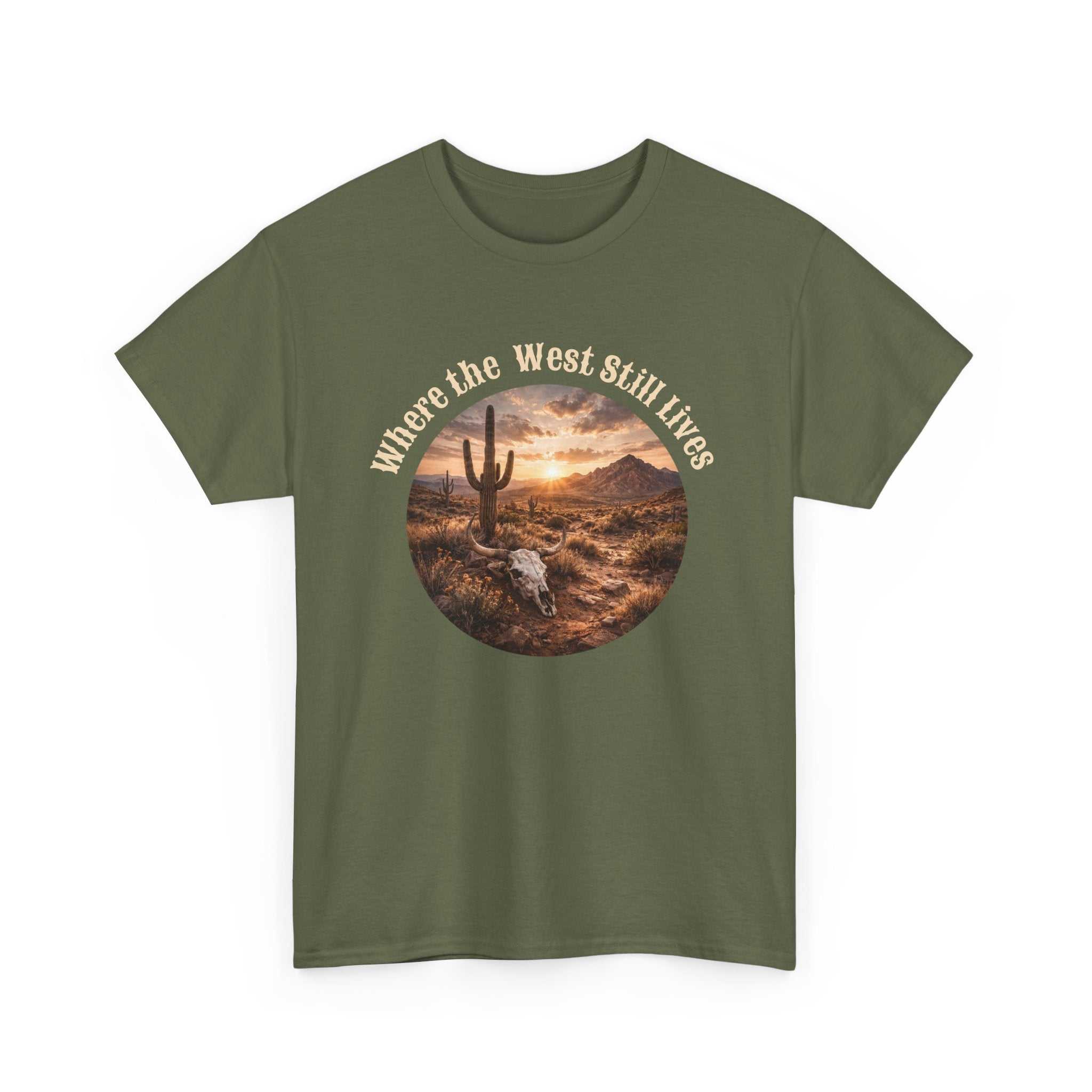 Western Sunset Tee by Big Sky Ranch Co., featuring a desert scene with the slogan "Where the West Still Lives" on a stylish T-shirt.
