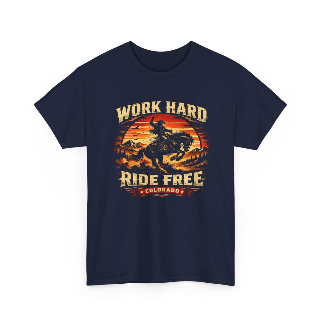 Colorful Colorado Cowboy motorcycle sunset T-shirt by Big Sky Ranch Co., featuring vintage-inspired design and bold graphics.