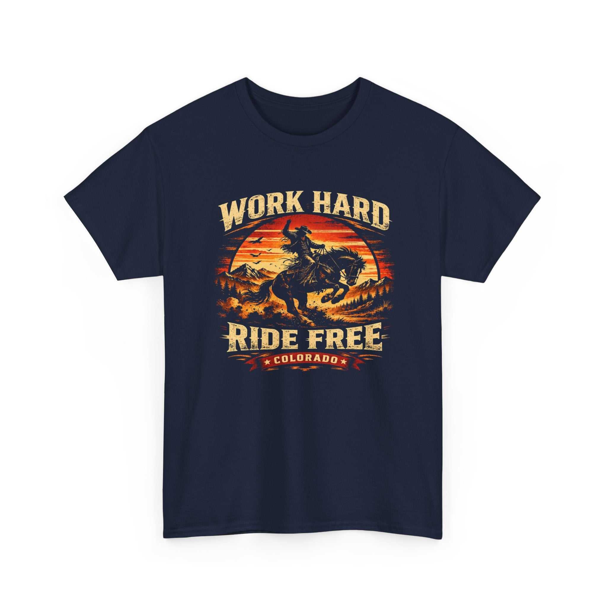 Colorful Colorado Cowboy motorcycle sunset T-shirt by Big Sky Ranch Co., featuring vintage-inspired design and bold graphics.