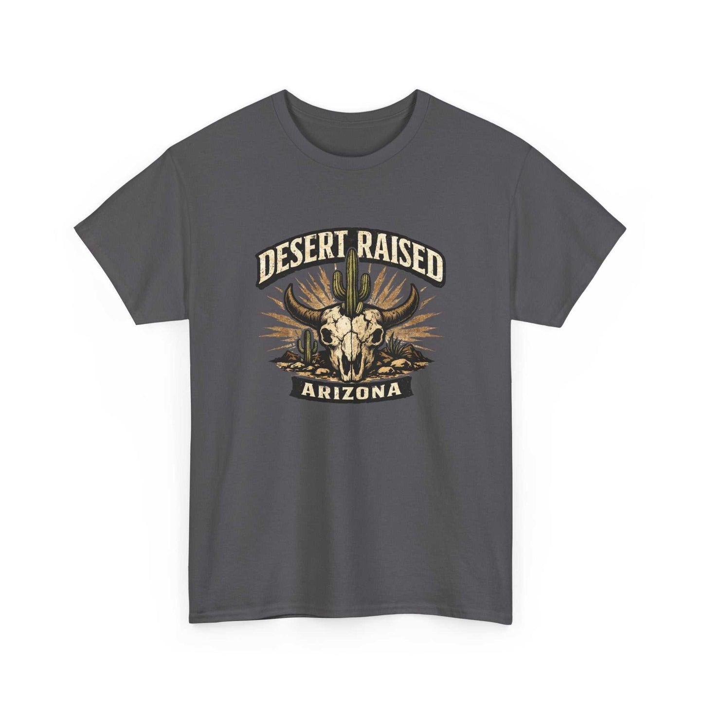 Desert Raised Arizona T-Shirt by Big Sky Ranch Co. featuring a Southwestern skull and cactus graphic on a casual tee.