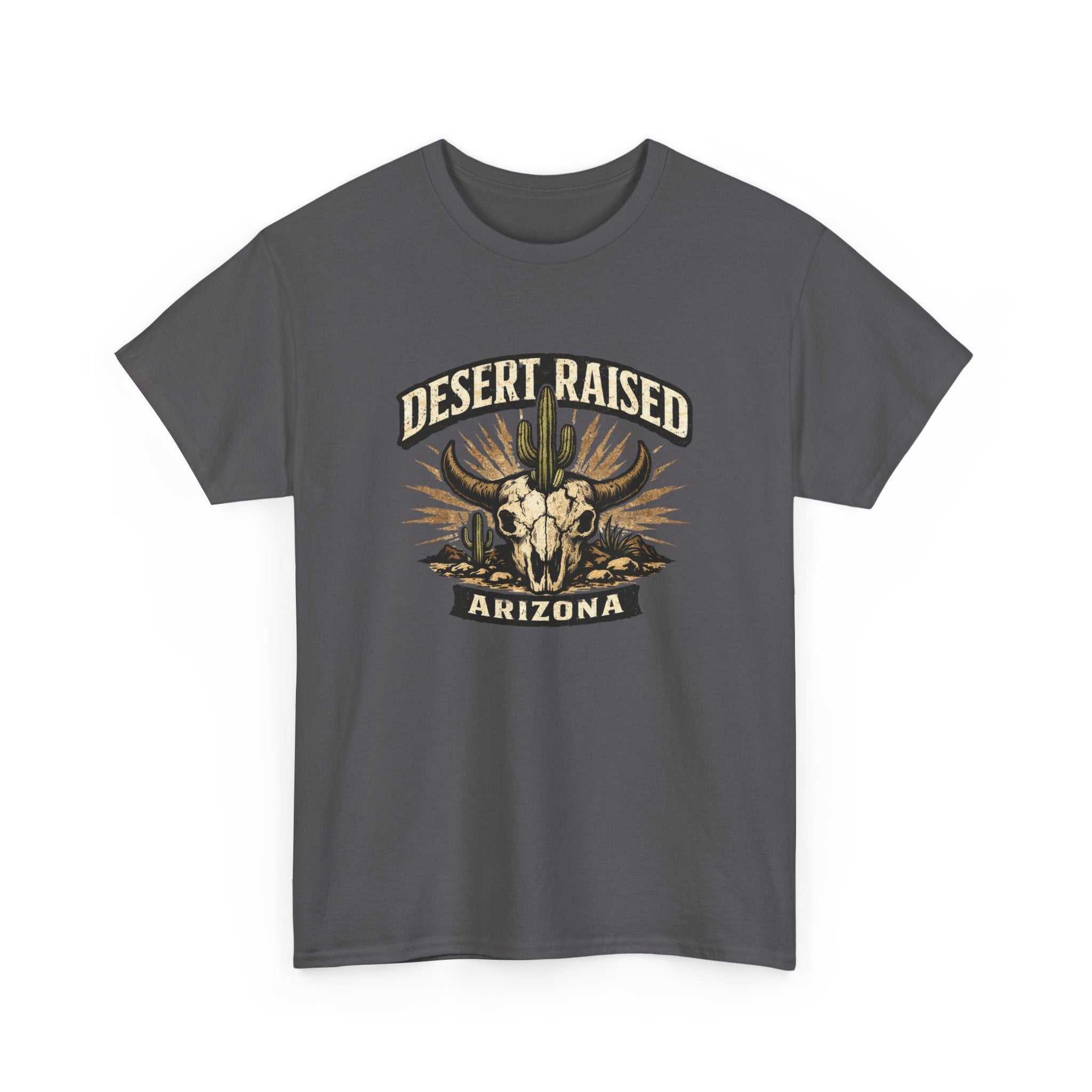 Desert Raised Arizona T-Shirt by Big Sky Ranch Co. featuring a Southwestern skull and cactus graphic on a casual tee.