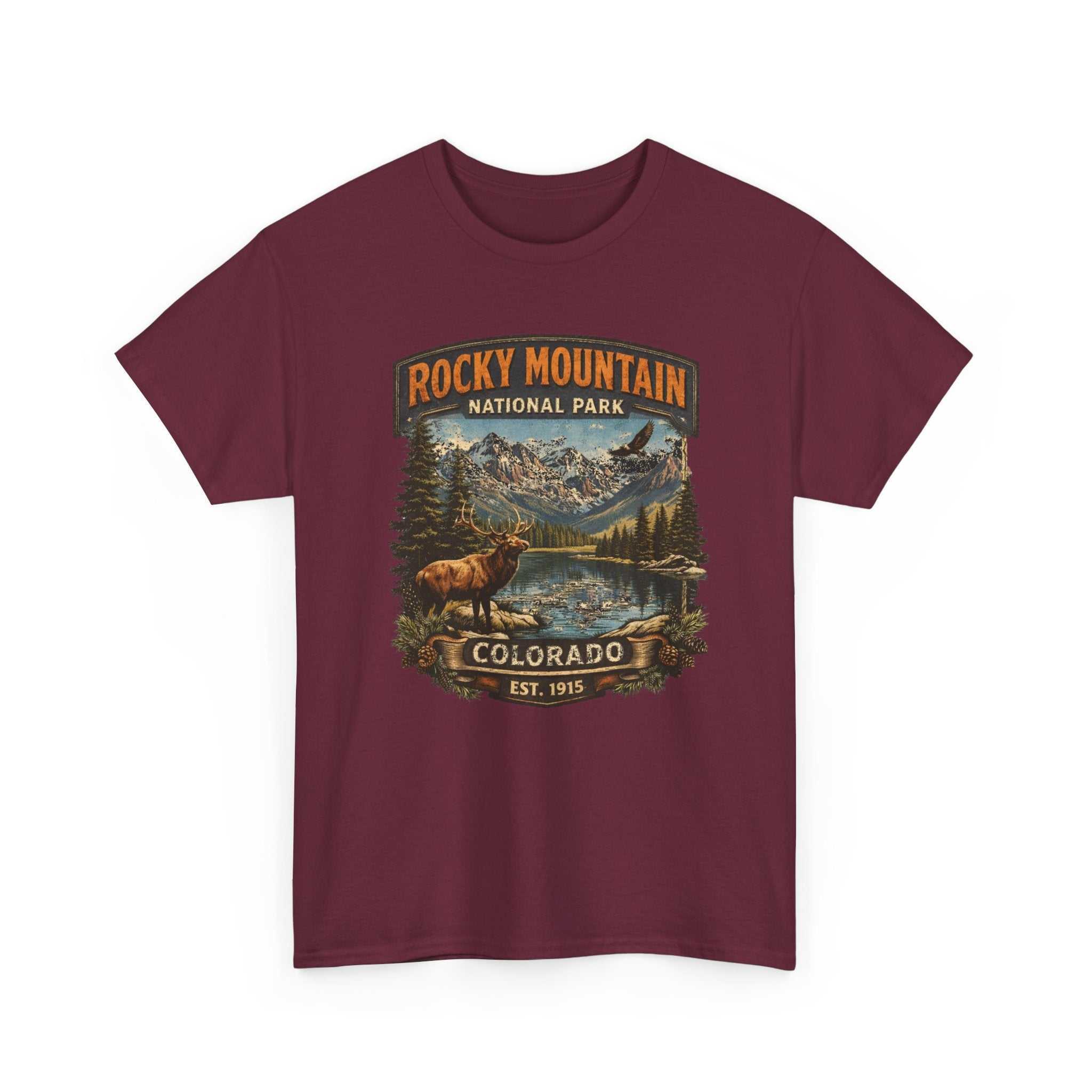 Big Sky Ranch Co. vintage Rocky Mountain National Park Colorado graphic T-shirt with elk design, outdoors-themed casual wear.