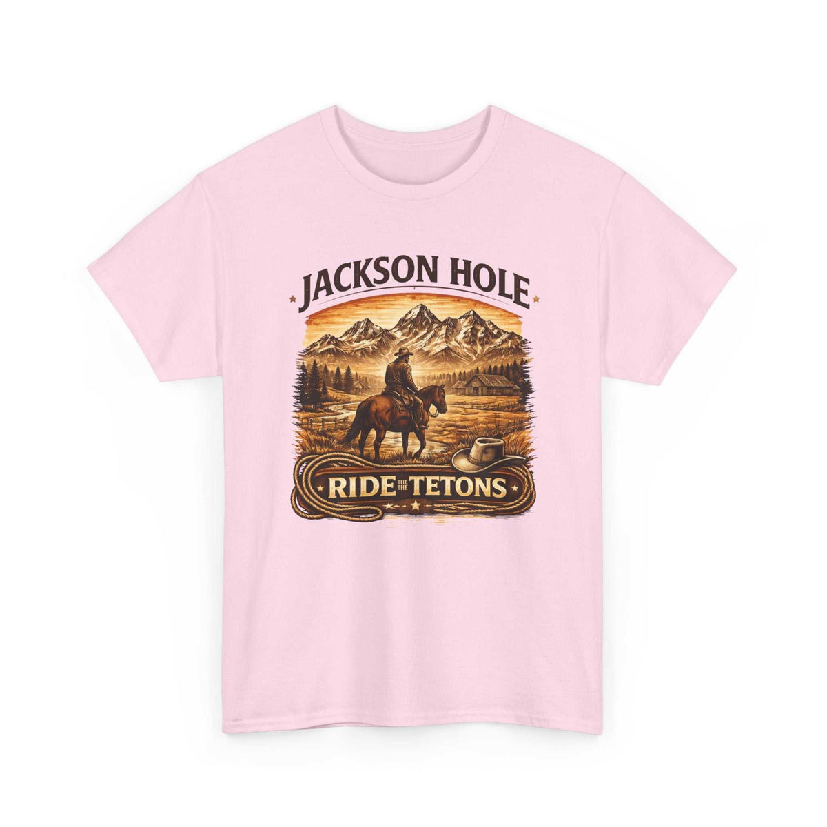 Big Sky Ranch Co. Jackson Hole Ride Tetons T-Shirt featuring mountain and rodeo graphic on soft cotton fabric.