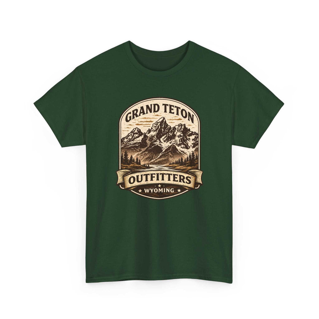 Big Sky Ranch Co. Grand Teton Outfitters Wyoming Mountain Adventure T-Shirt showing a mountain landscape design on a casual tee.