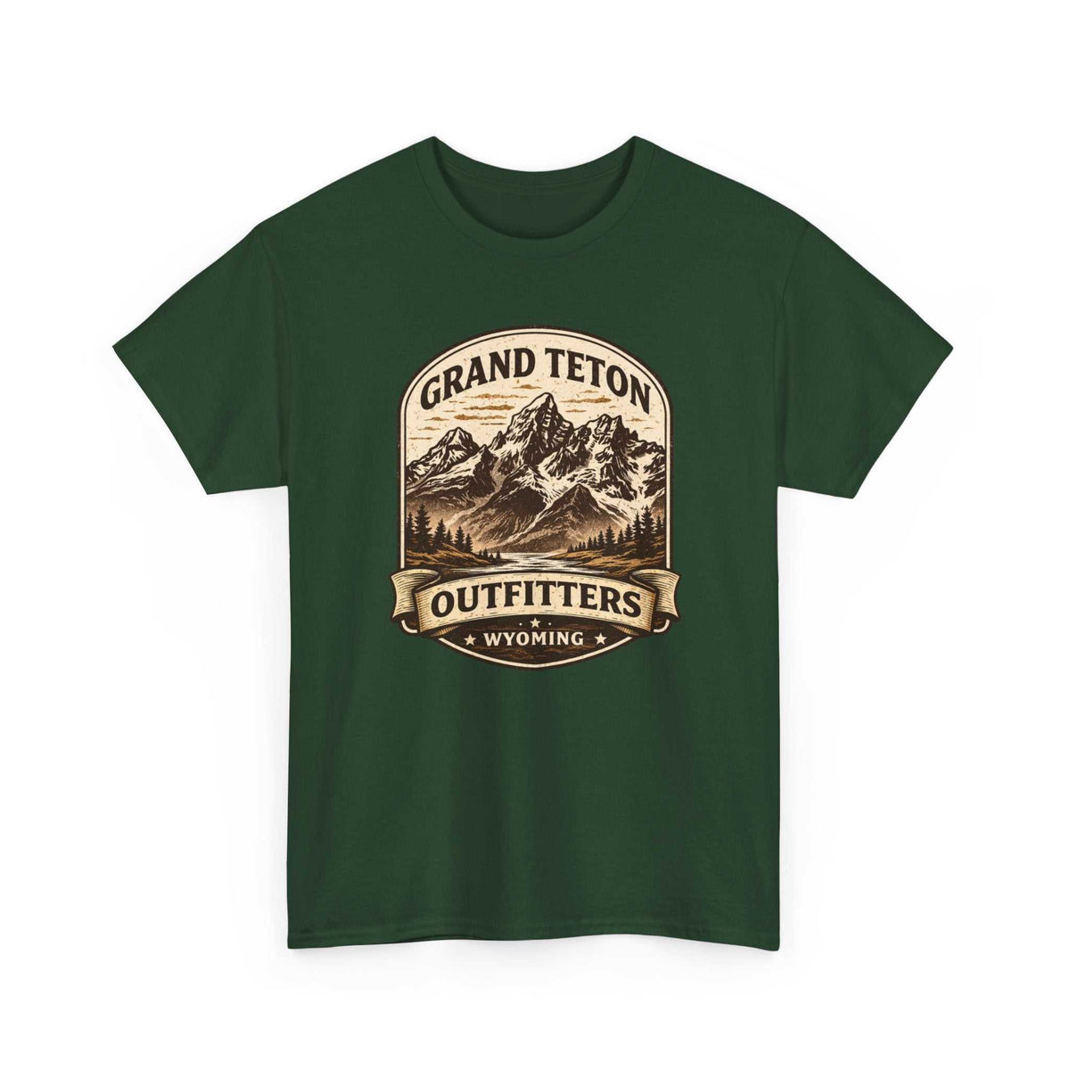 Big Sky Ranch Co. Grand Teton Outfitters Wyoming Mountain Adventure T-Shirt showing a mountain landscape design on a casual tee.