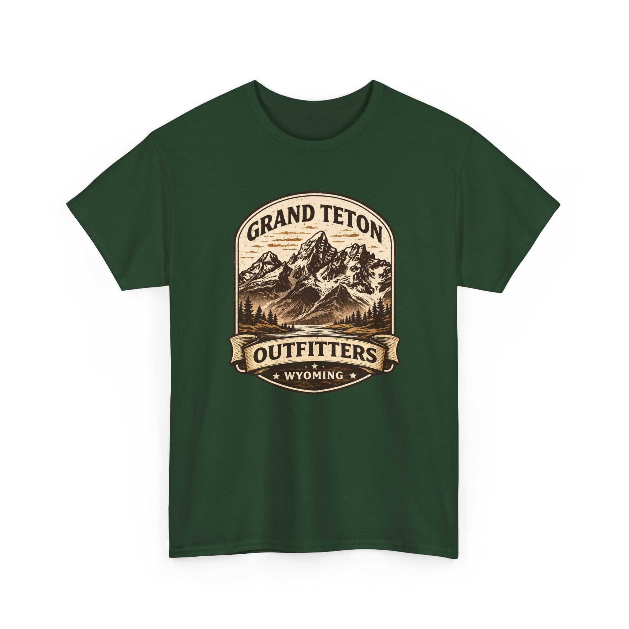 Big Sky Ranch Co. Grand Teton Outfitters Wyoming Mountain Adventure T-Shirt showing a mountain landscape design on a casual tee.