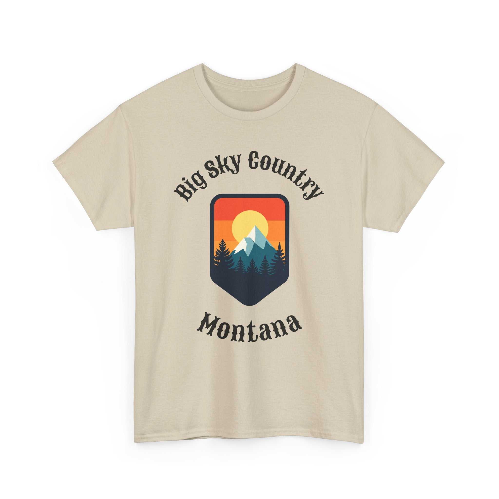 Montana Big Sky T-Shirt by Big Sky Ranch Co. featuring a retro mountain sunset graphic on a casual tee.