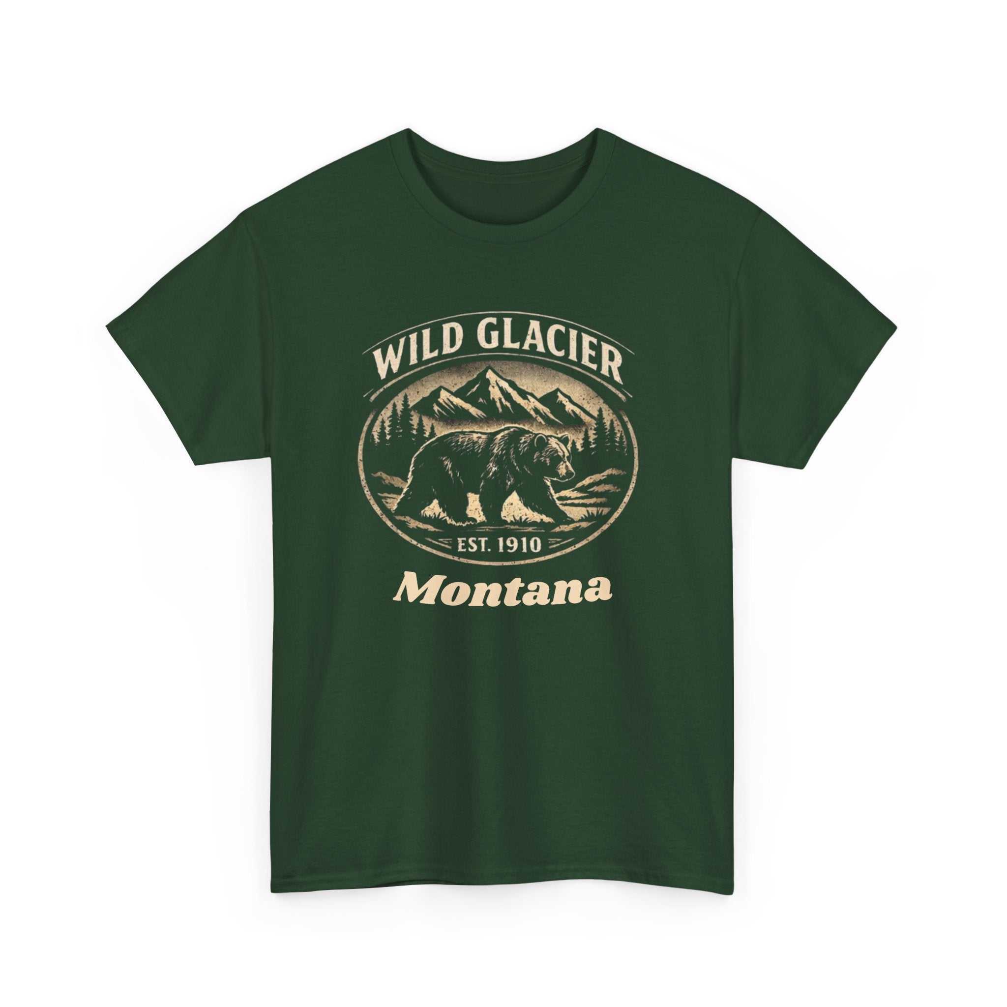 Wild Glacier Montana Bear T-Shirt by Big Sky Ranch Co., vintage-style Montana National Park graphic on soft cotton tee.
