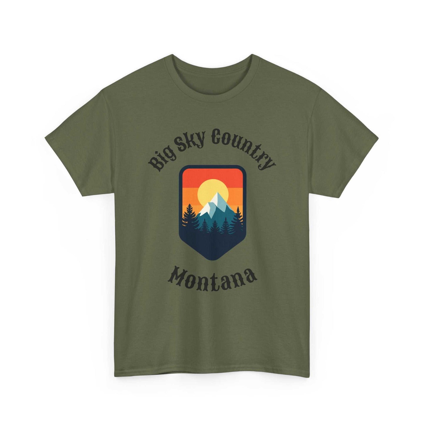 Big Sky Ranch Co. Montana Big Sky T-Shirt with retro mountain sunset graphic, showcasing vibrant mountain and sunset design.