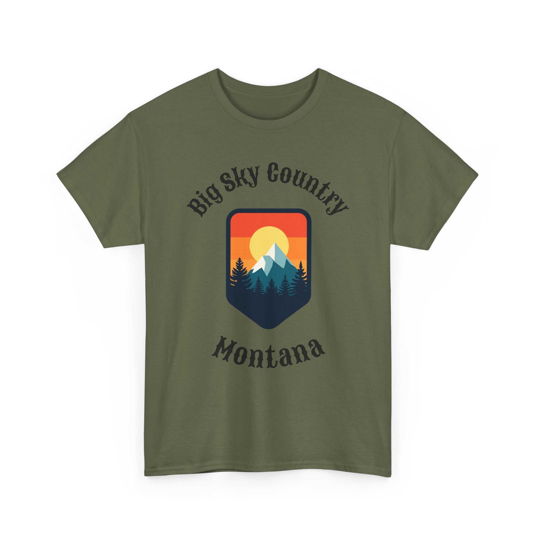 Big Sky Ranch Co. Montana Big Sky T-Shirt with retro mountain sunset graphic, showcasing vibrant mountain and sunset design.