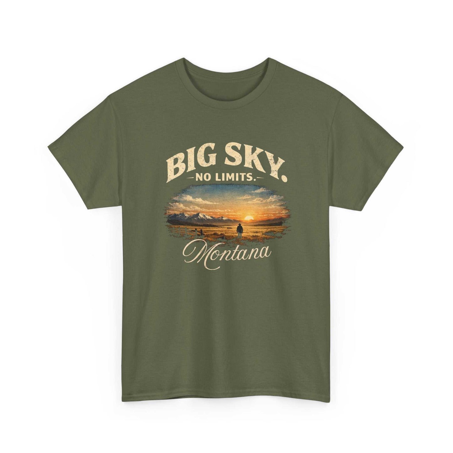 Big Sky Montana vintage sunset landscape graphic T-shirt by Big Sky Ranch Co., featuring scenic mountain and sunset design.