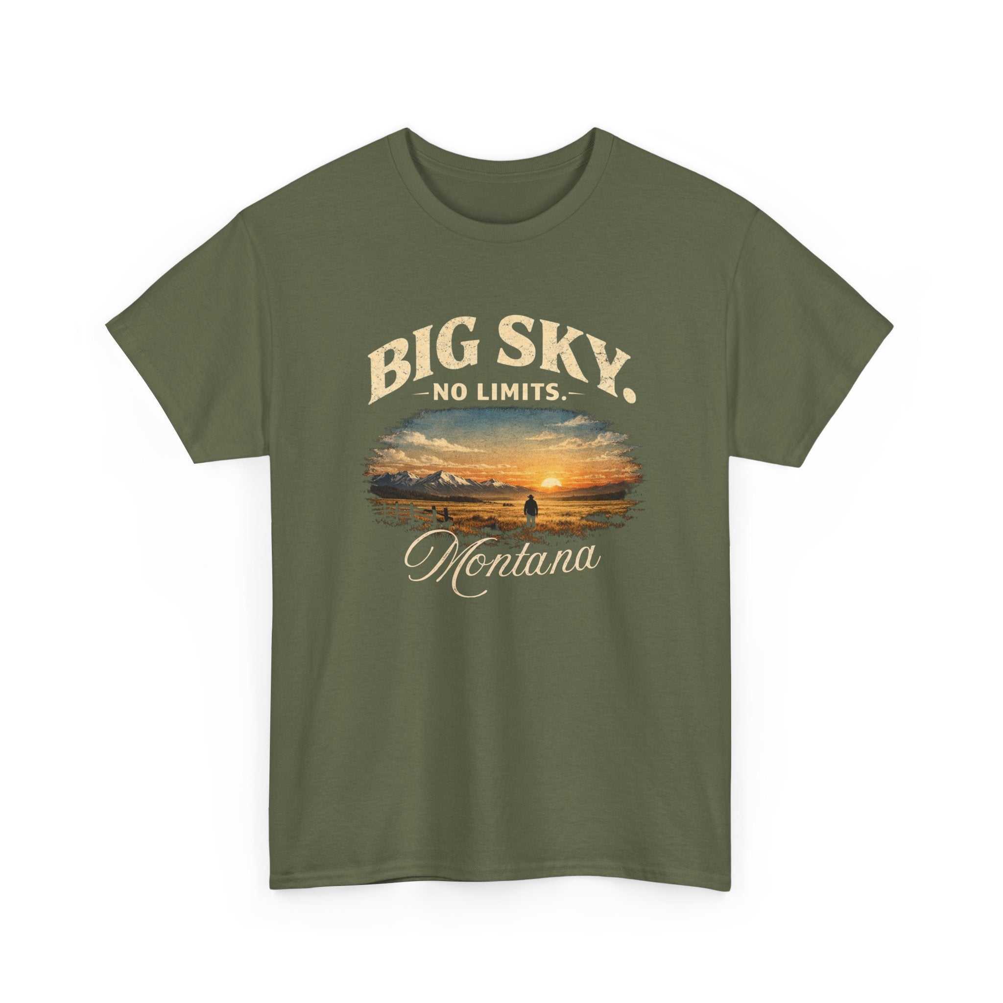 Big Sky Montana vintage sunset landscape graphic T-shirt by Big Sky Ranch Co., featuring scenic mountain and sunset design.