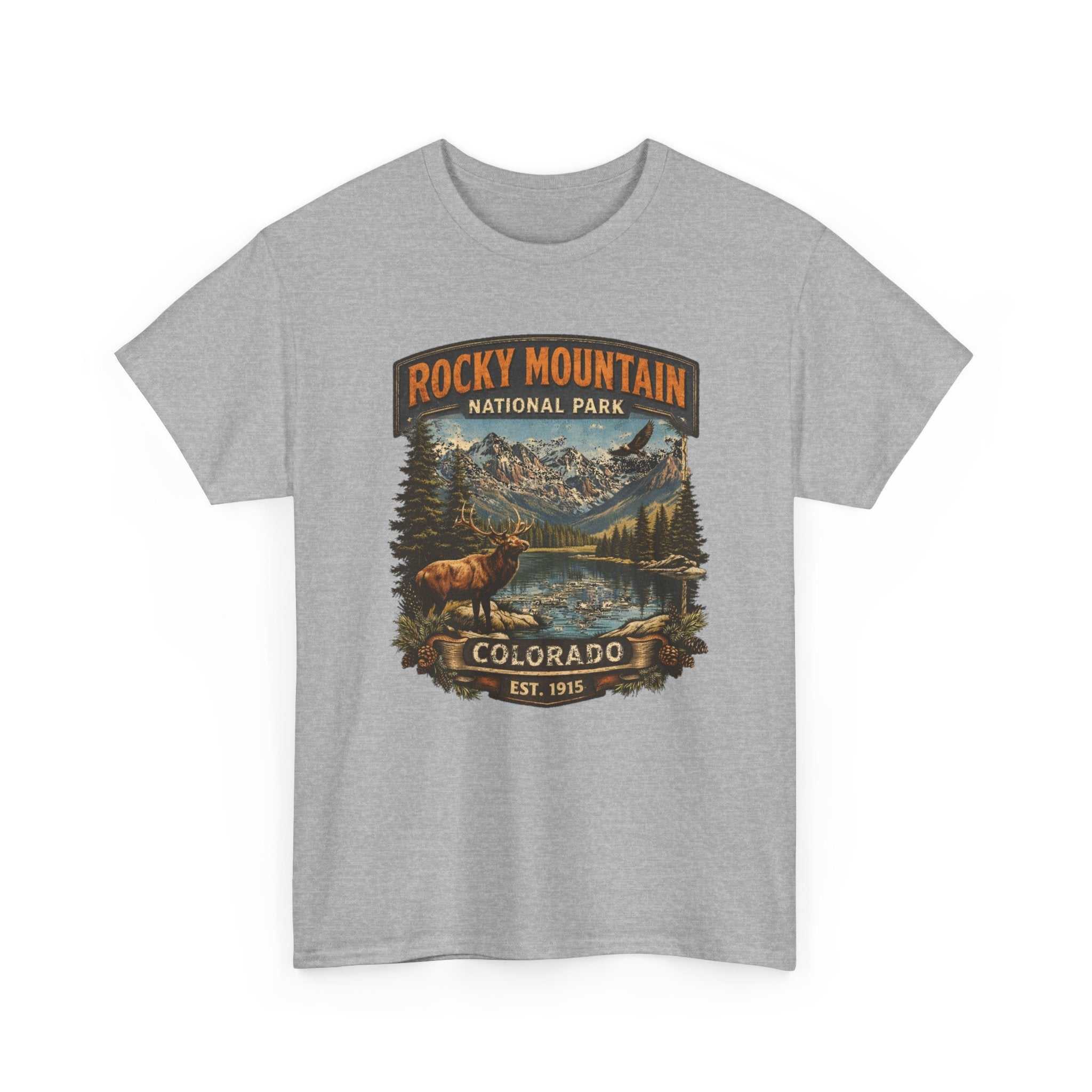 Big Sky Ranch Co. Rocky Mountain National Park Colorado graphic T-shirt with vintage elk outdoor design showing mountain landscape.
