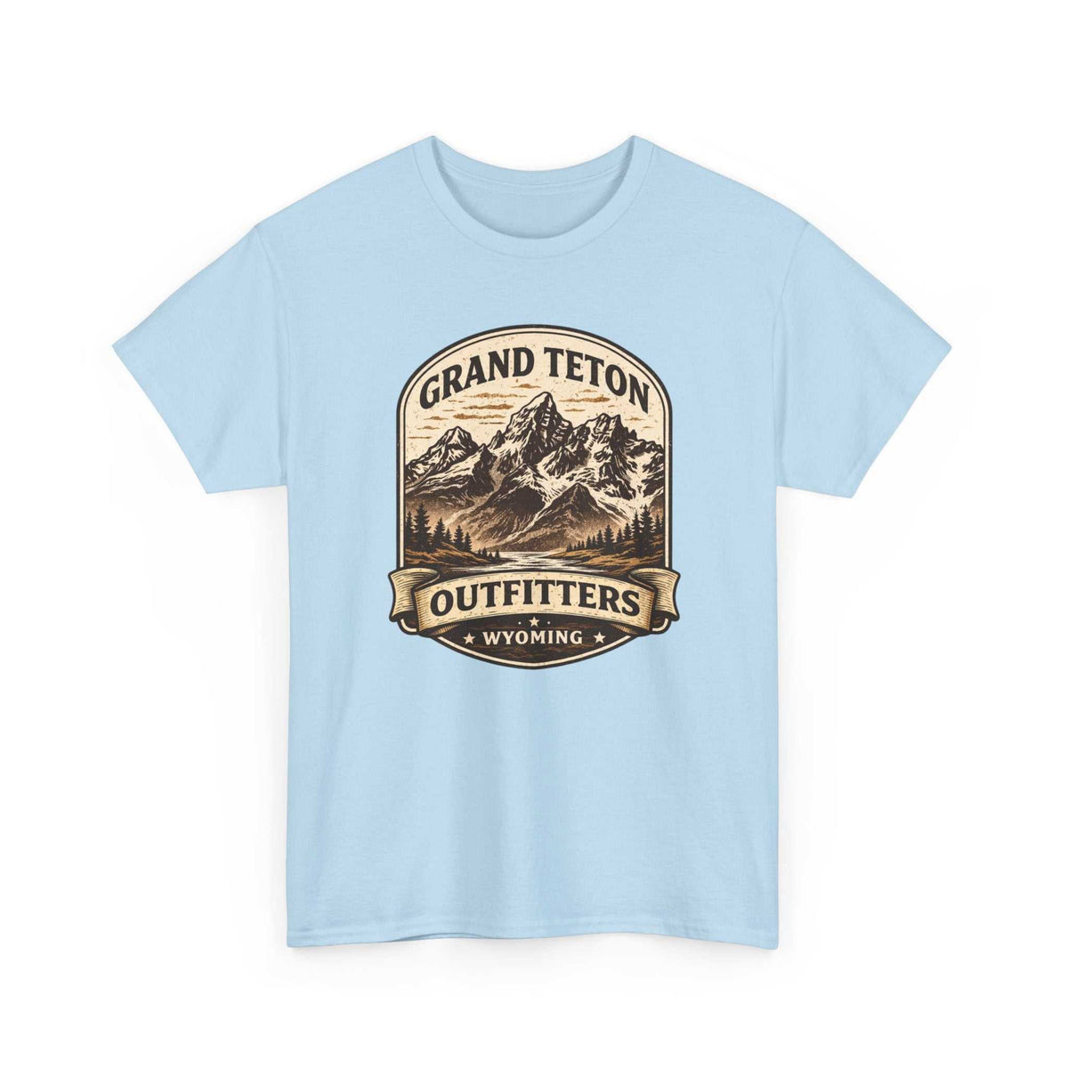 Big Sky Ranch Co. Grand Teton Outfitters Wyoming Mountain Adventure T-Shirt featuring mountain and wilderness graphic on a casual tee.