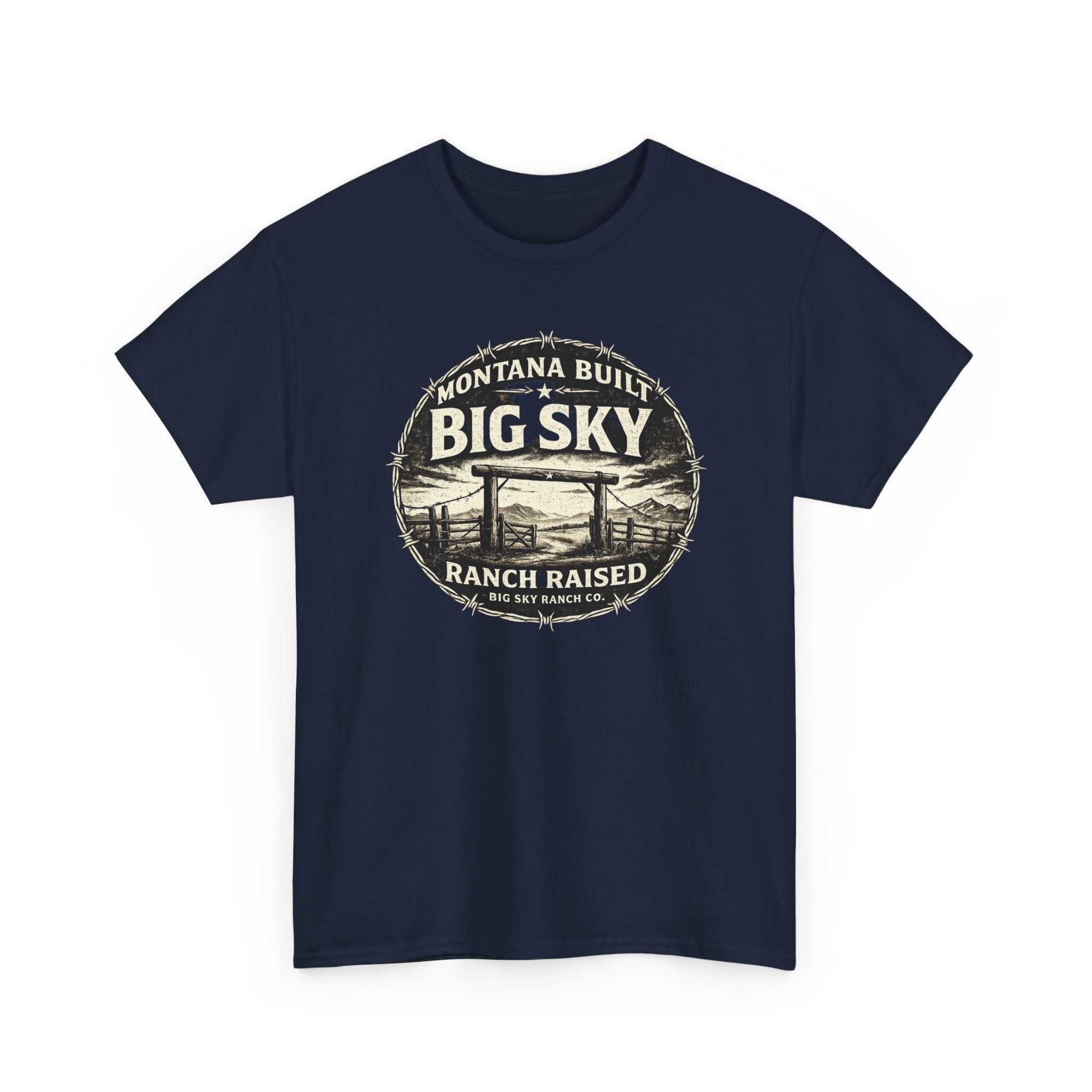 Big Sky Ranch Co. T-shirt with "Montana Built, Ranch Raised" graphic design, casual ranch-inspired graphic tee for men or women.