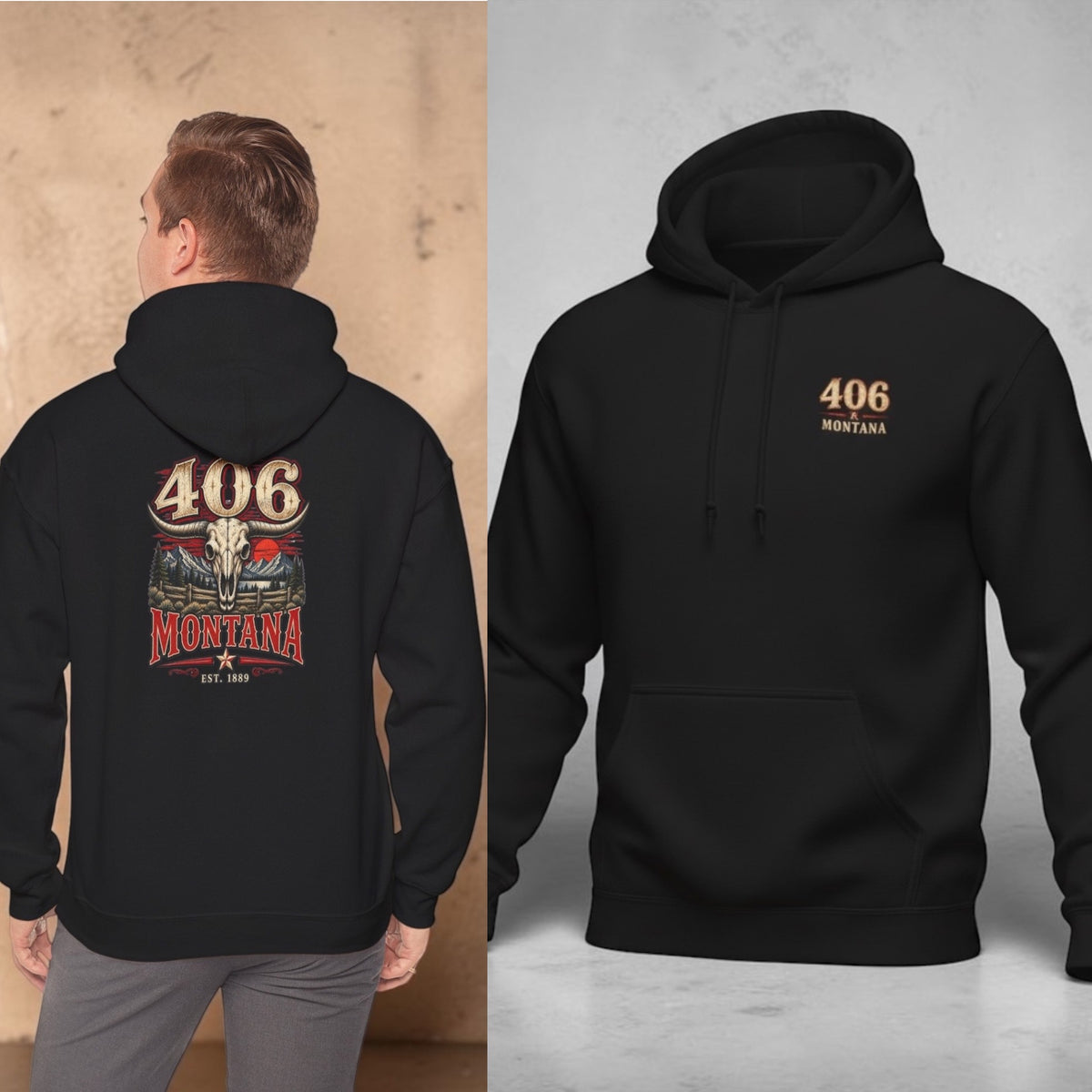 Montana 406 Hoodie – Rustic Skull & Mountain Graphic Hooded Sweatshirt