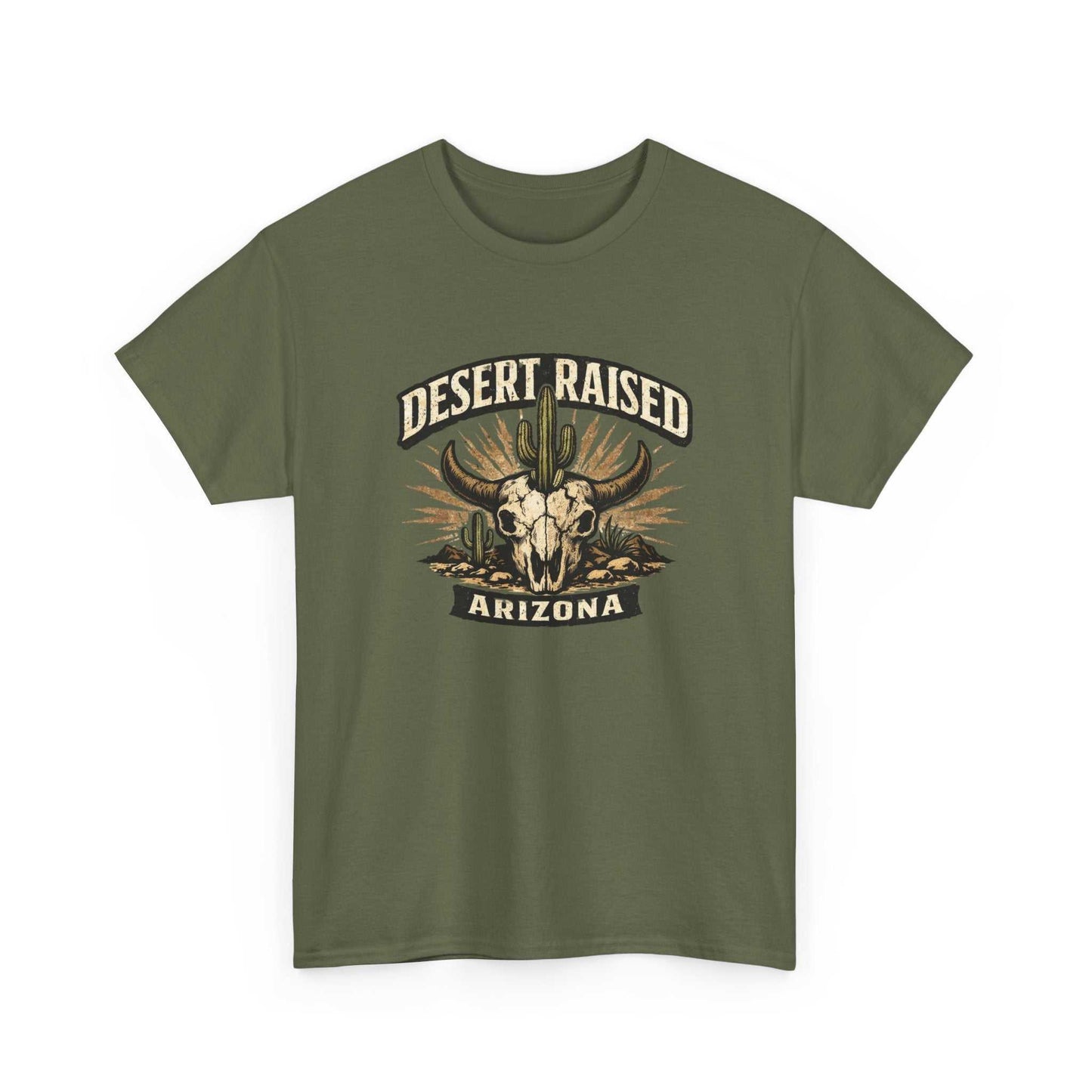 Desert Raised Arizona T-Shirt by Big Sky Ranch Co. featuring a southwestern skull and cactus graphic on a casual tee.