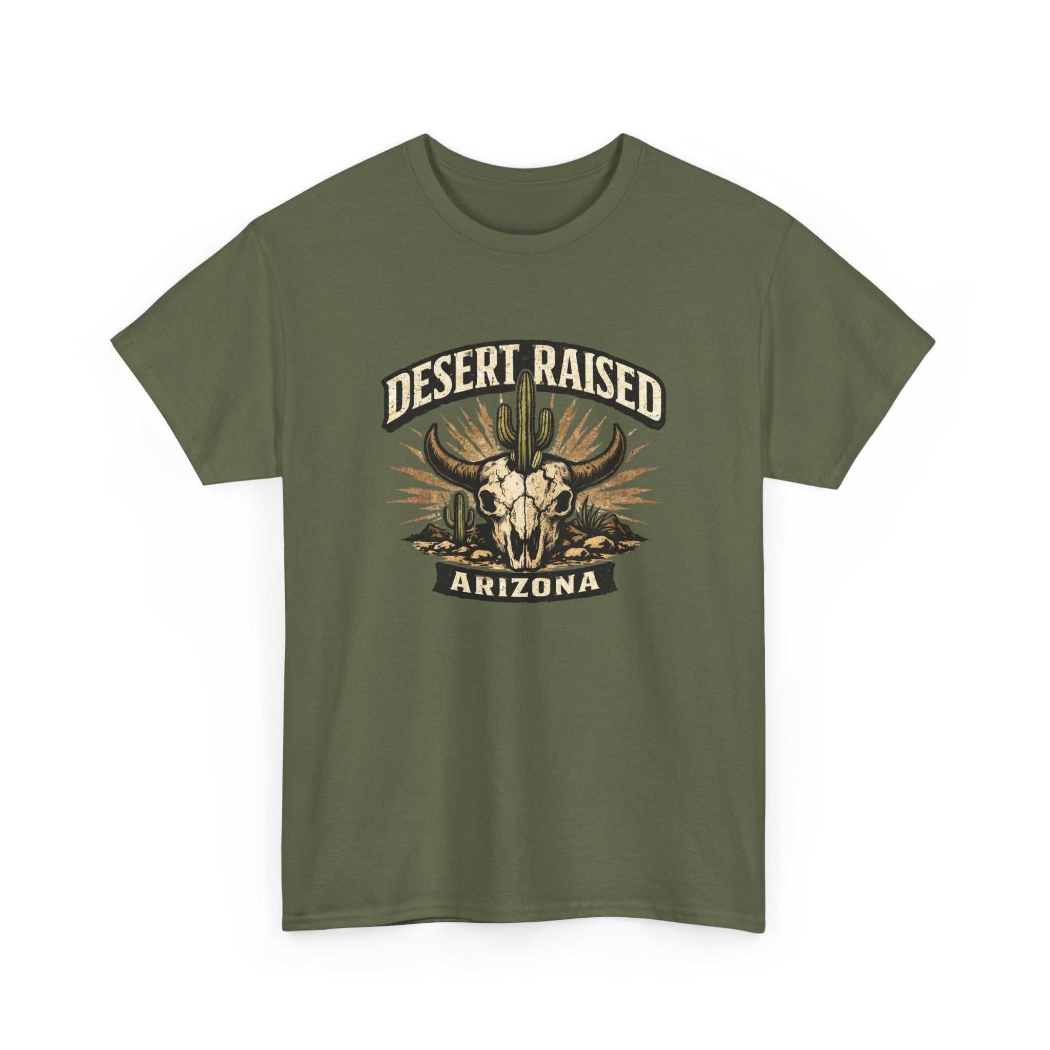 Desert Raised Arizona T-Shirt by Big Sky Ranch Co. featuring a southwestern skull and cactus graphic on a casual tee.