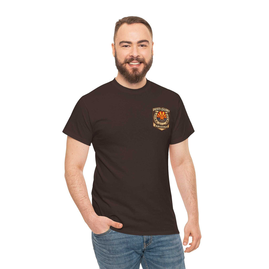 Arizona Desert Bighorn Ram T-Shirt by Big Sky Ranch Co. featuring a vintage-style desert ram graphic and state badge design.