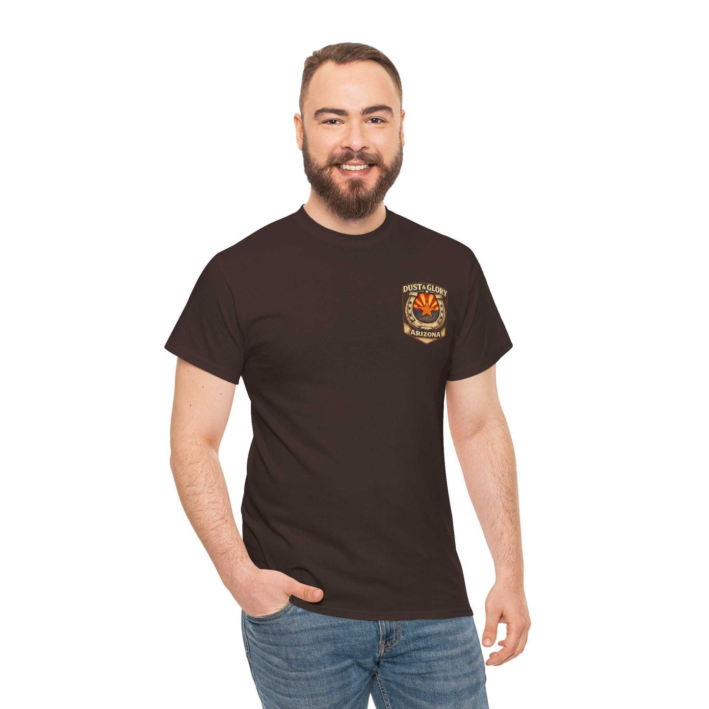 Arizona Desert Bighorn Ram T-Shirt by Big Sky Ranch Co. featuring a vintage-style desert ram graphic and state badge design.