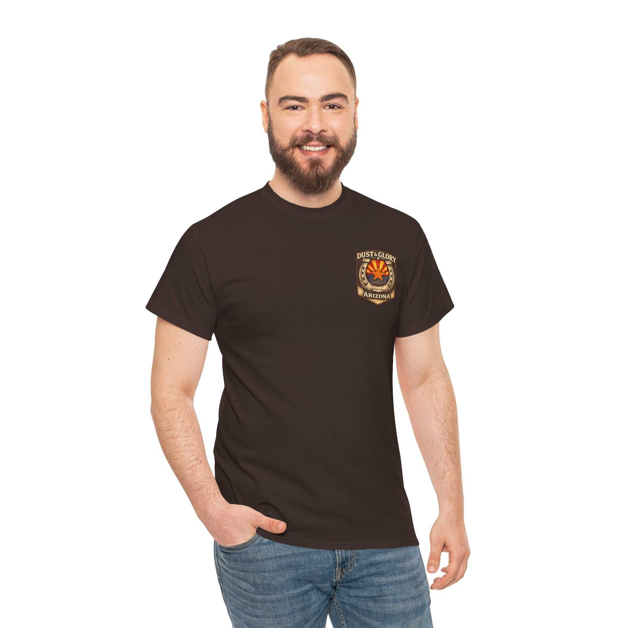 Arizona Desert Bighorn Ram T-Shirt by Big Sky Ranch Co. featuring a vintage-style desert ram graphic and state badge design.