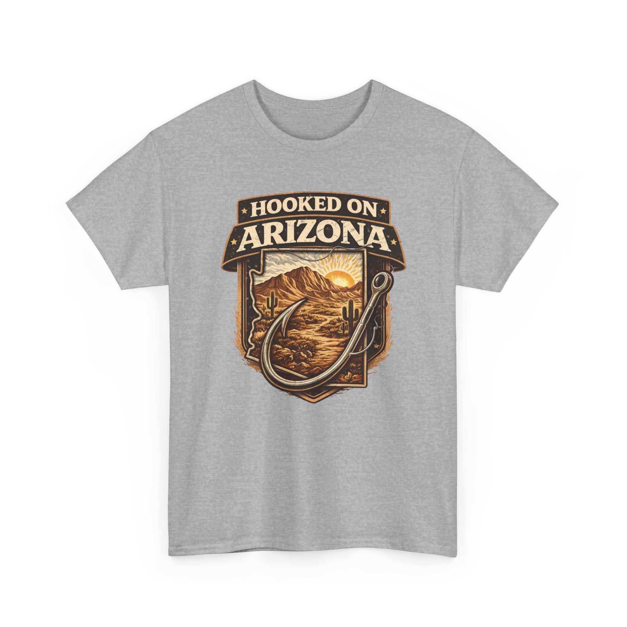 Vintage outdoors angler T-shirt by Big Sky Ranch Co. featuring Hooked on Arizona fishing design, perfect for fishing enthusiasts.