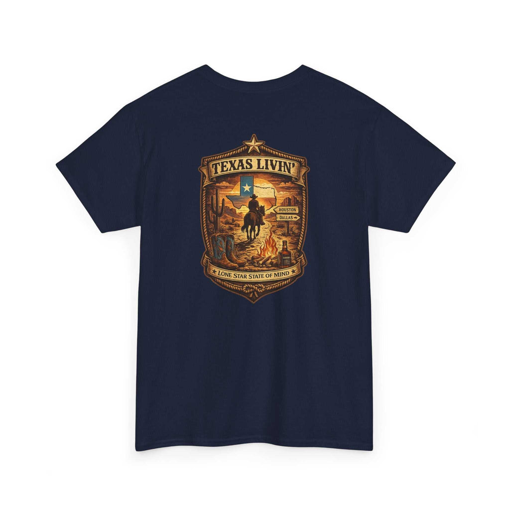 Red T-shirt with Texas rodeo crest and cowboy scene