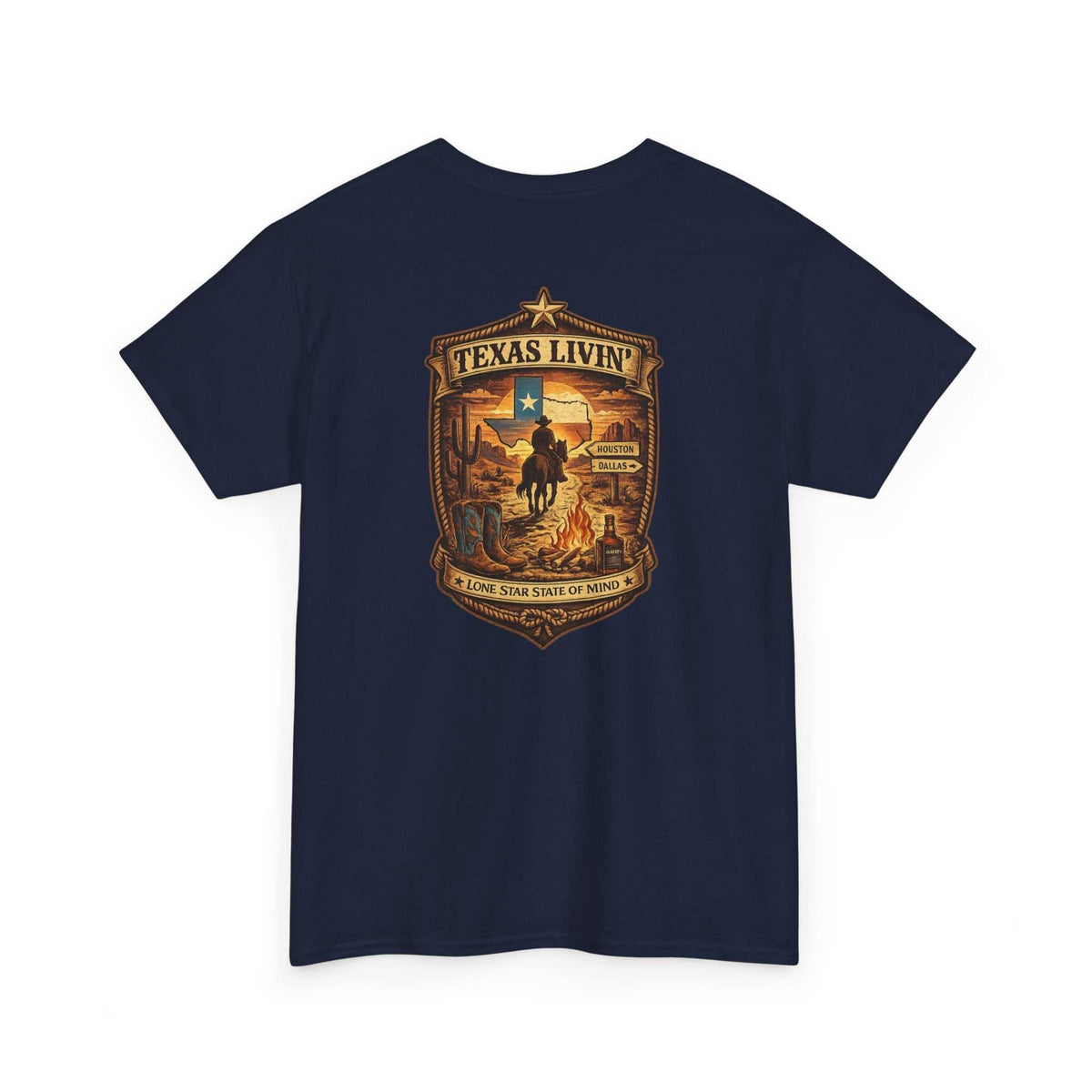 Red T-shirt with Texas rodeo crest and cowboy scene
