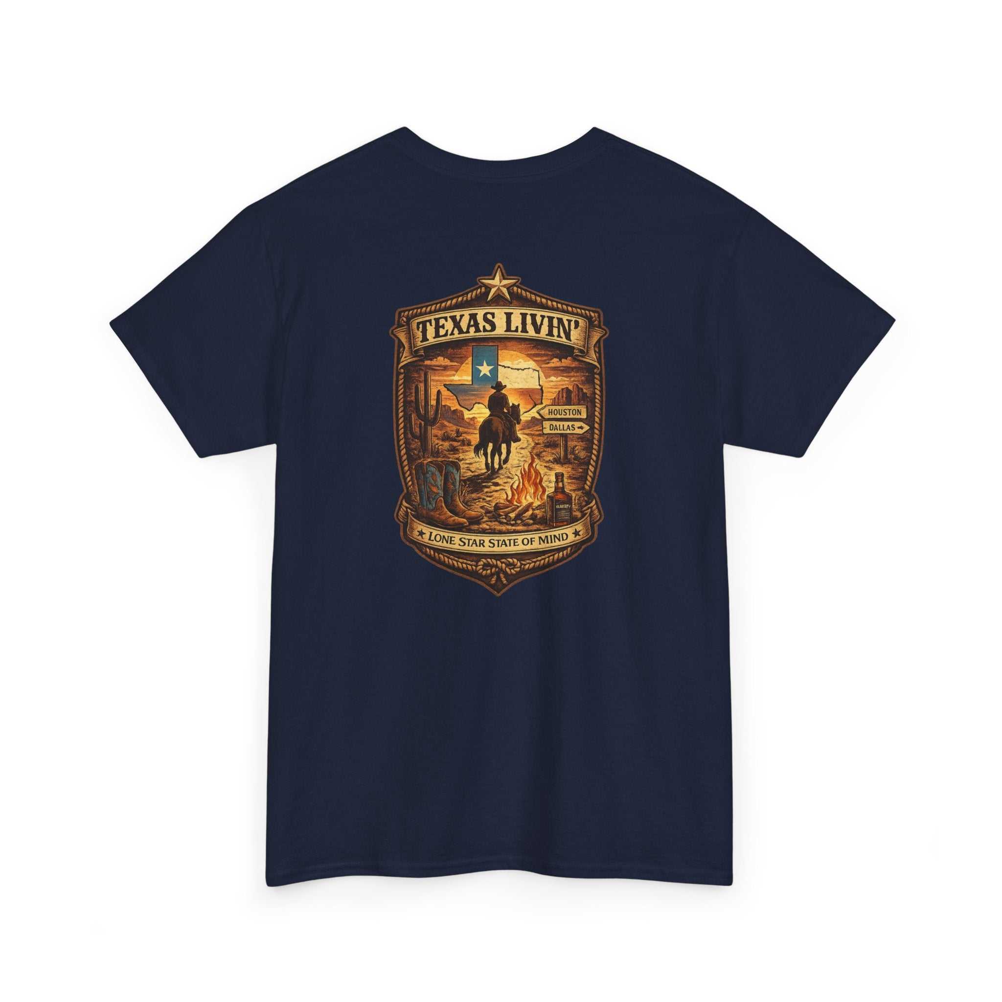 Red T-shirt with Texas rodeo crest and cowboy scene
