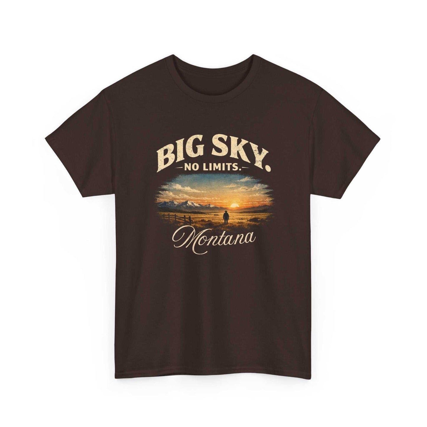 Big Sky Montana T-shirt by Big Sky Ranch Co. featuring a vintage sunset landscape graphic on a casual tee.