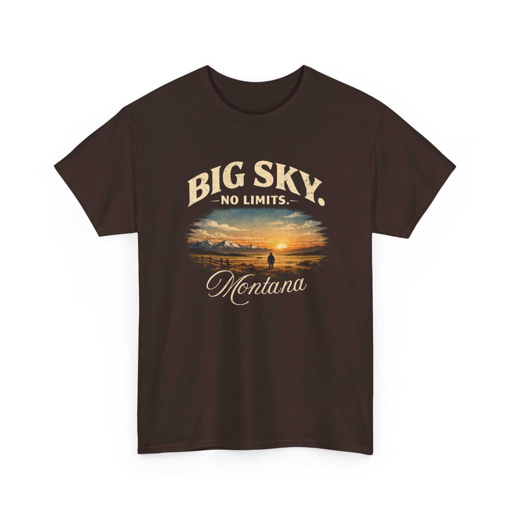 Big Sky Montana T-shirt by Big Sky Ranch Co. featuring a vintage sunset landscape graphic on a casual tee.