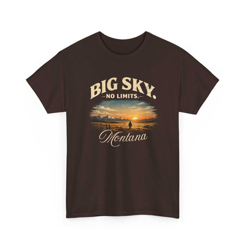 Big Sky Montana T-shirt by Big Sky Ranch Co. featuring a vintage sunset landscape graphic on a casual tee.