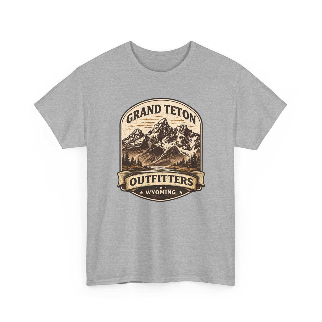 Big Sky Ranch Co. Grand Teton Outfitters Wyoming mountain adventure T-shirt featuring a scenic mountain print on soft cotton tee.