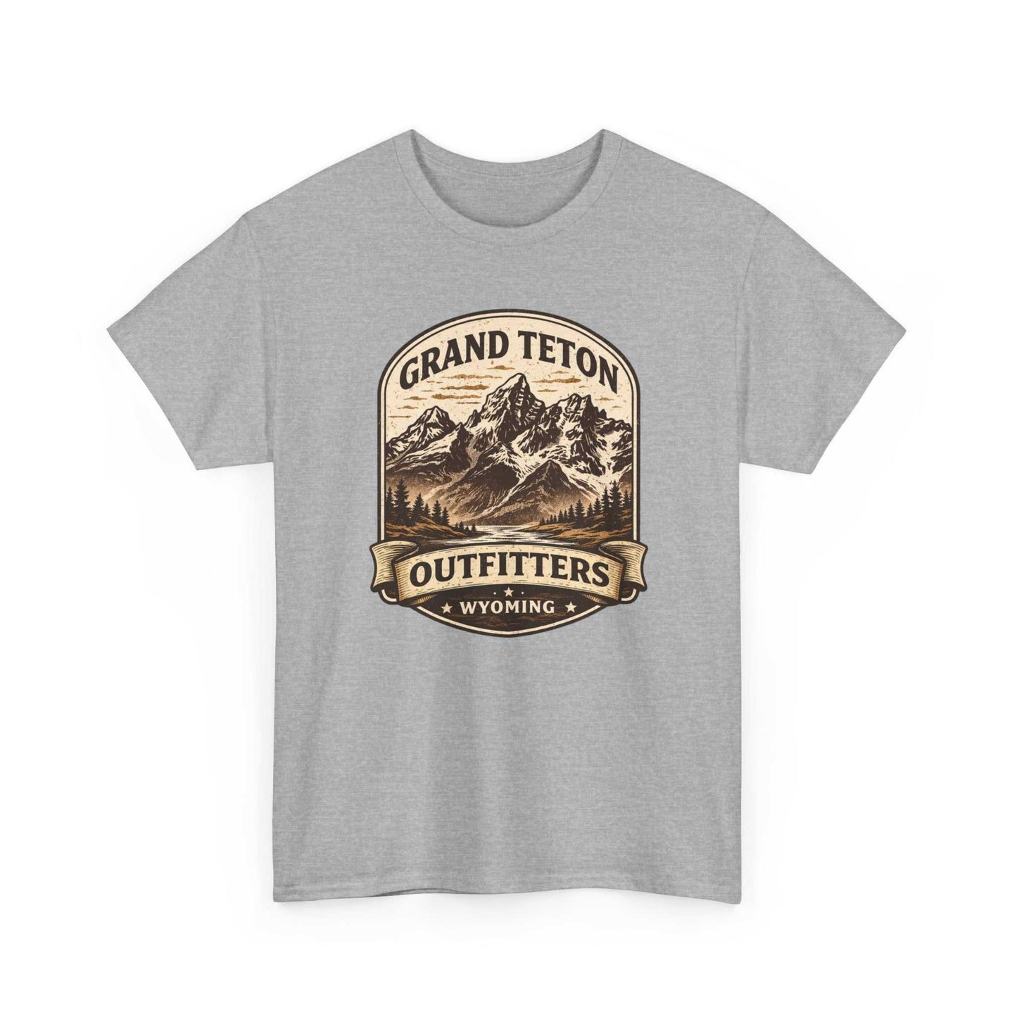 Big Sky Ranch Co. Grand Teton Outfitters Wyoming mountain adventure T-shirt featuring a scenic mountain print on soft cotton tee.