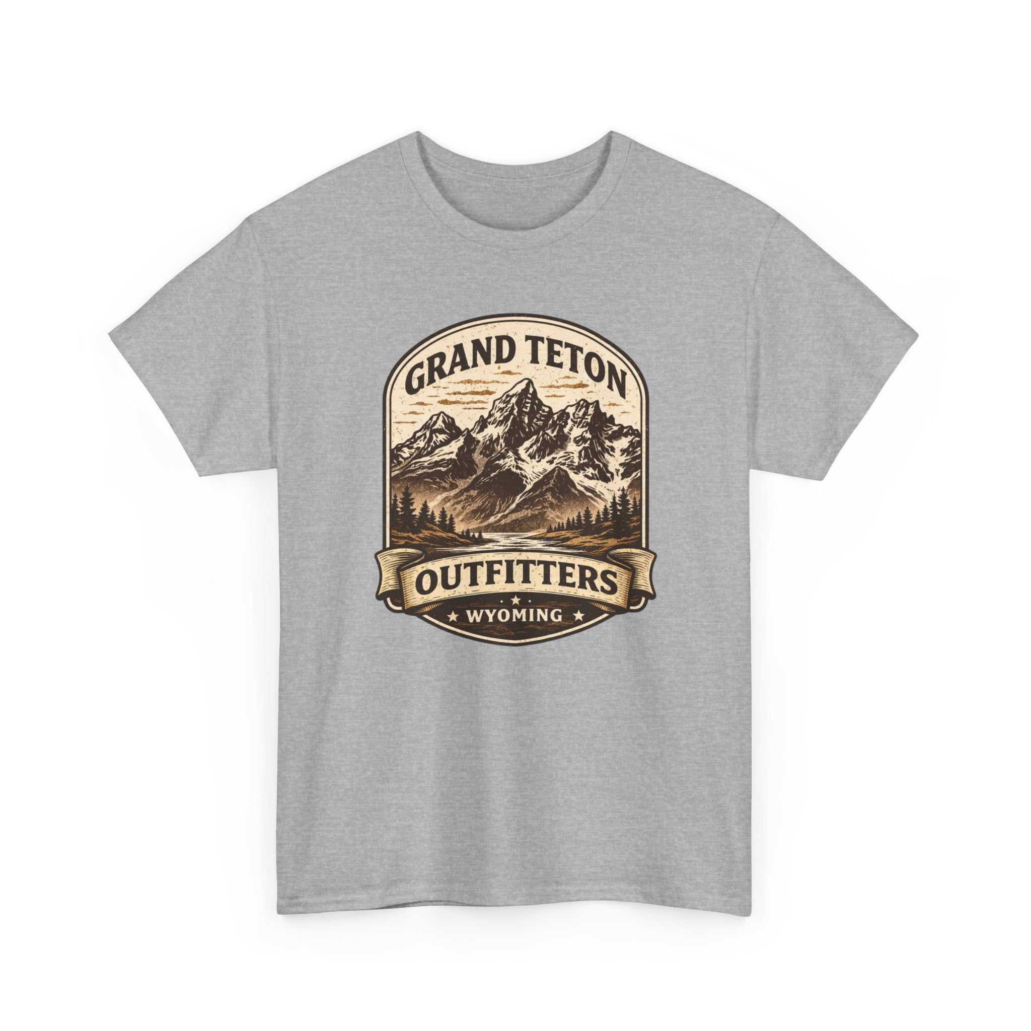 Big Sky Ranch Co. Grand Teton Outfitters Wyoming mountain adventure T-shirt featuring a scenic mountain print on soft cotton tee.