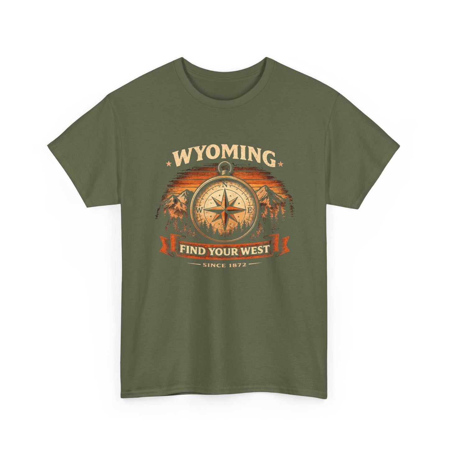 Vintage Wyoming Compass T-Shirt by Big Sky Ranch Co. featuring a compass design and "Find Your West" slogan for adventure lovers.
