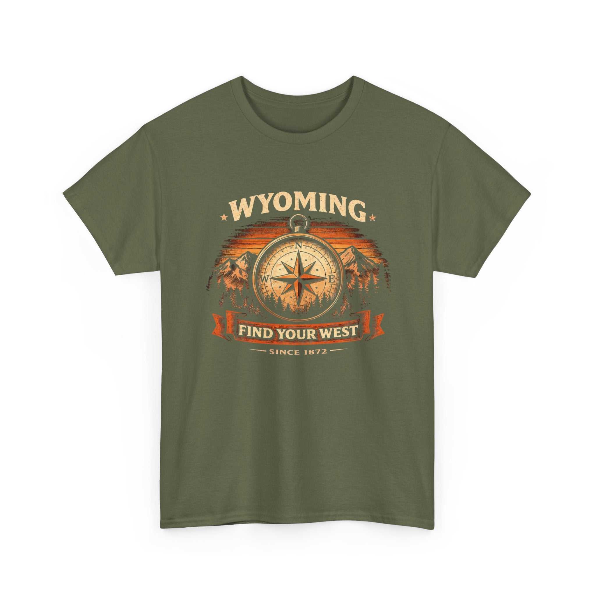 Vintage Wyoming Compass T-Shirt by Big Sky Ranch Co. featuring a compass design and "Find Your West" slogan for adventure lovers.