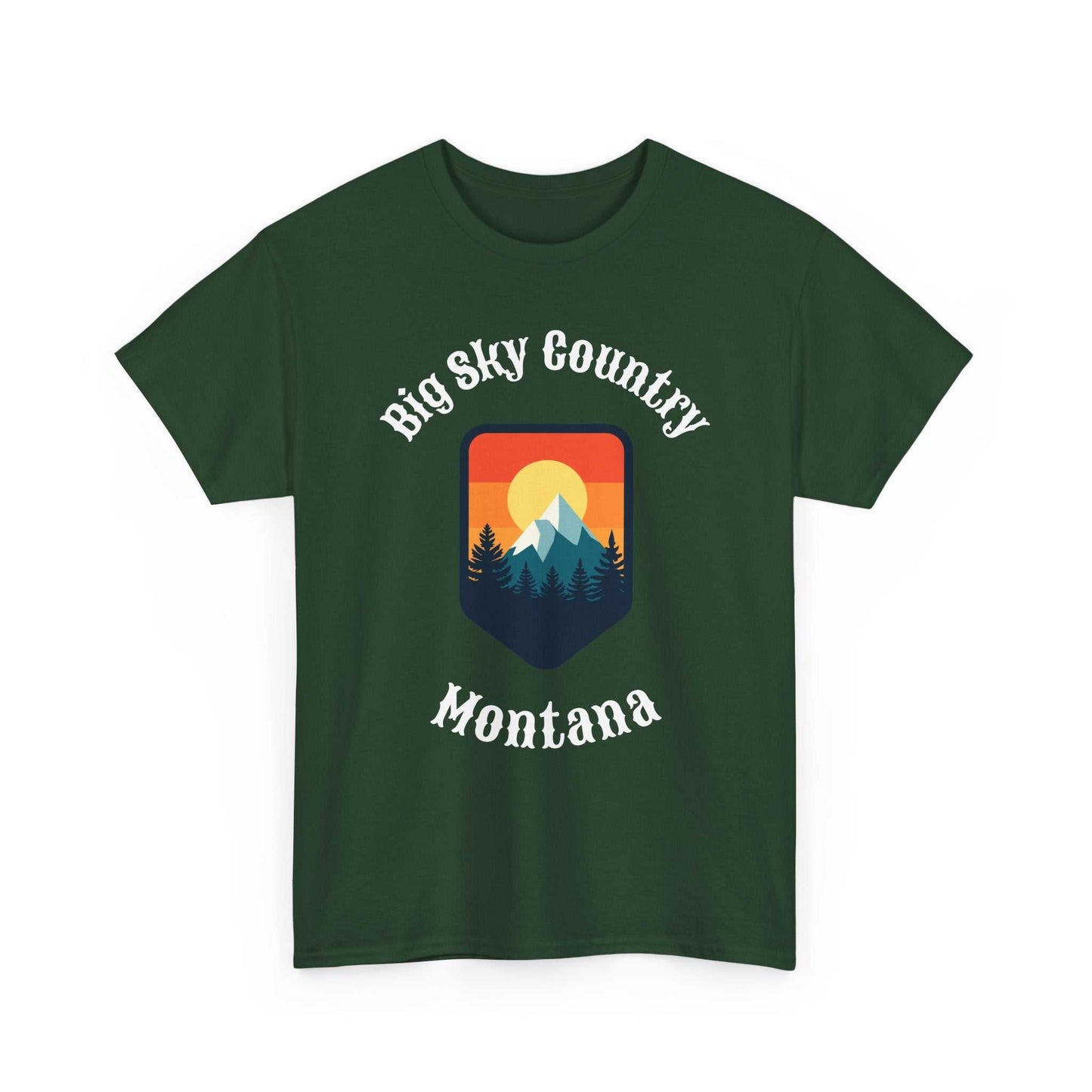 Big Sky Ranch Co. Montana Big Sky T-Shirt with retro mountain sunset graphic, showcasing vibrant mountain and sunset design.