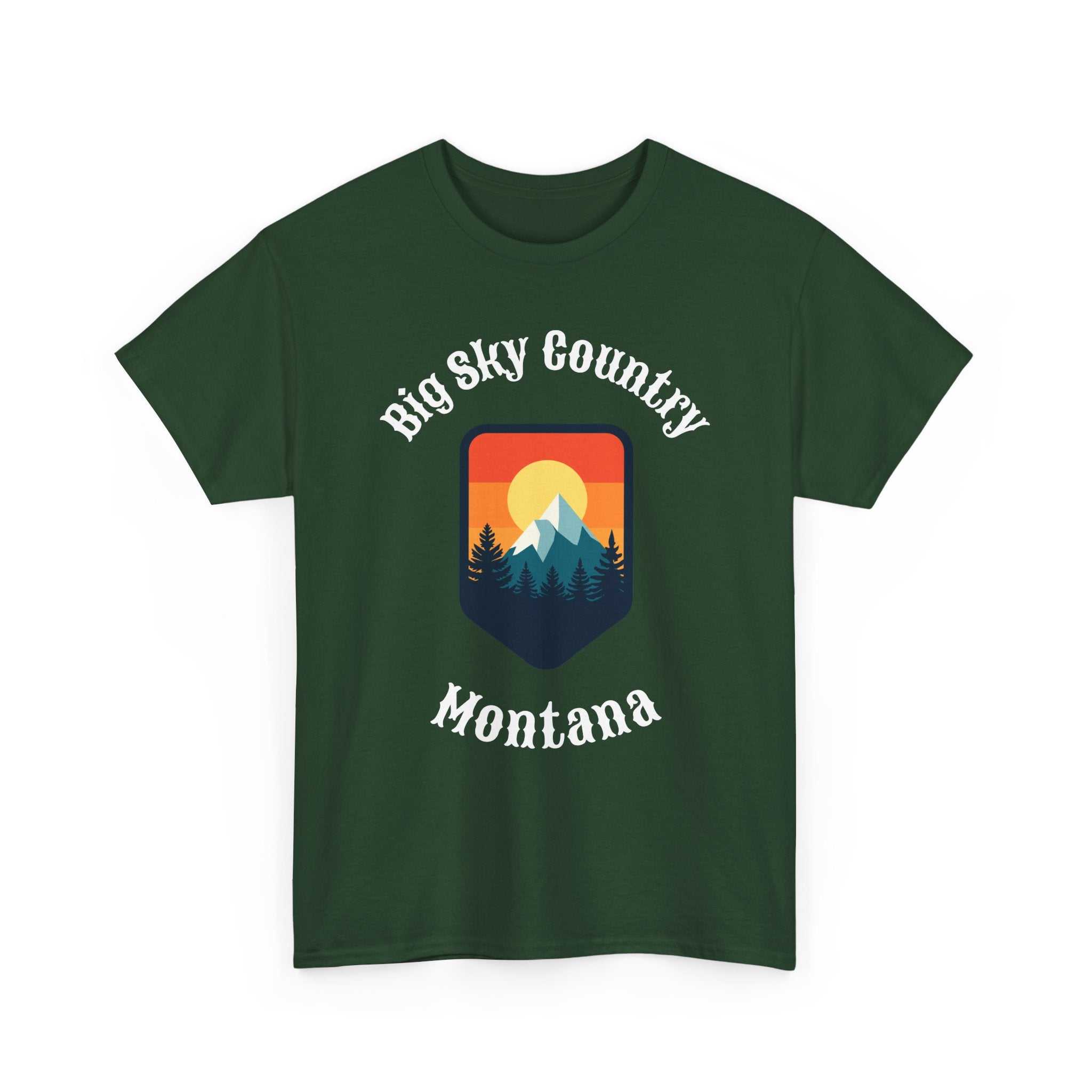 Big Sky Ranch Co. Montana Big Sky T-Shirt with retro mountain sunset graphic, showcasing vibrant mountain and sunset design.