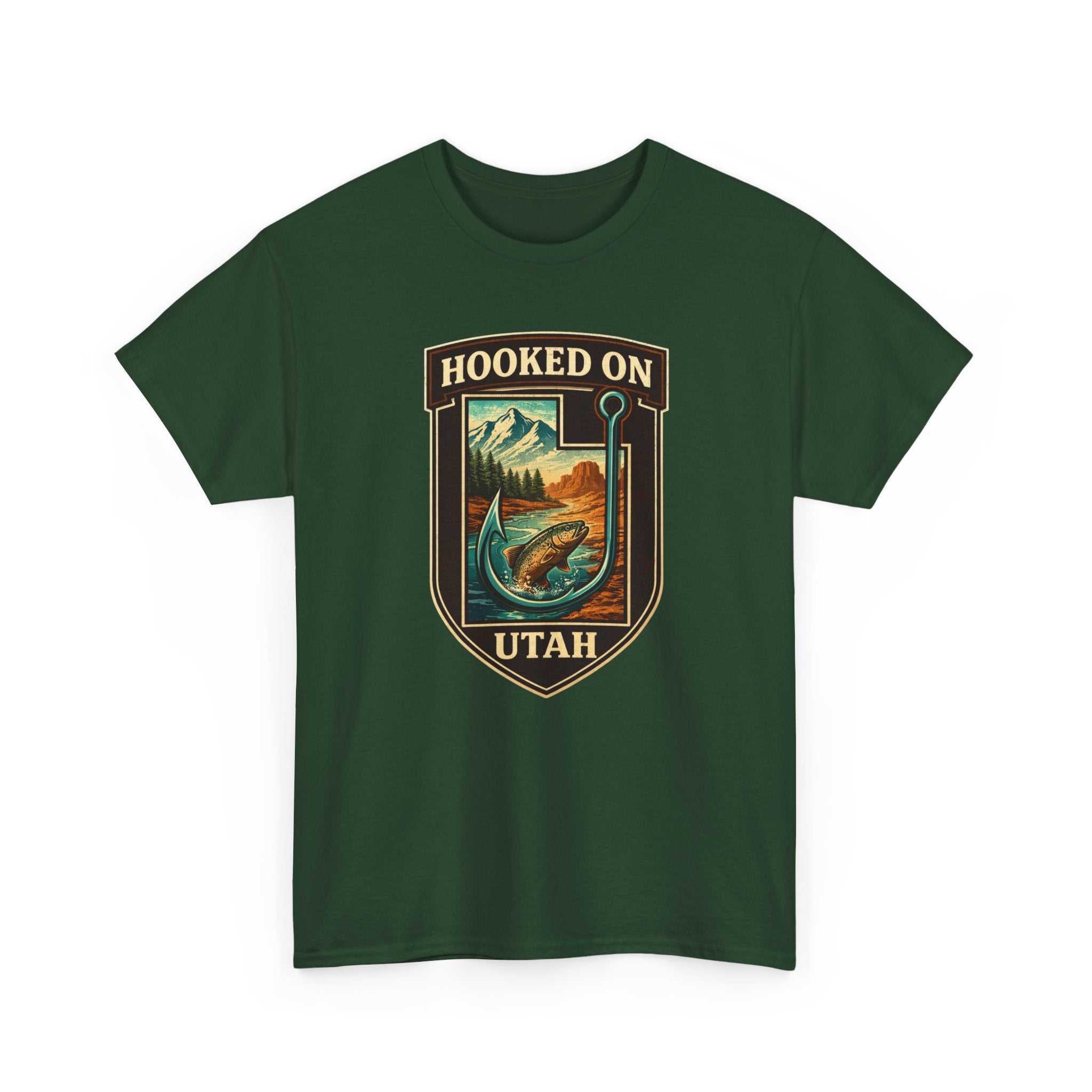 Vintage outdoors fly fishing T-shirt by Big Sky Ranch Co. featuring a Hooked on Utah fishing design.