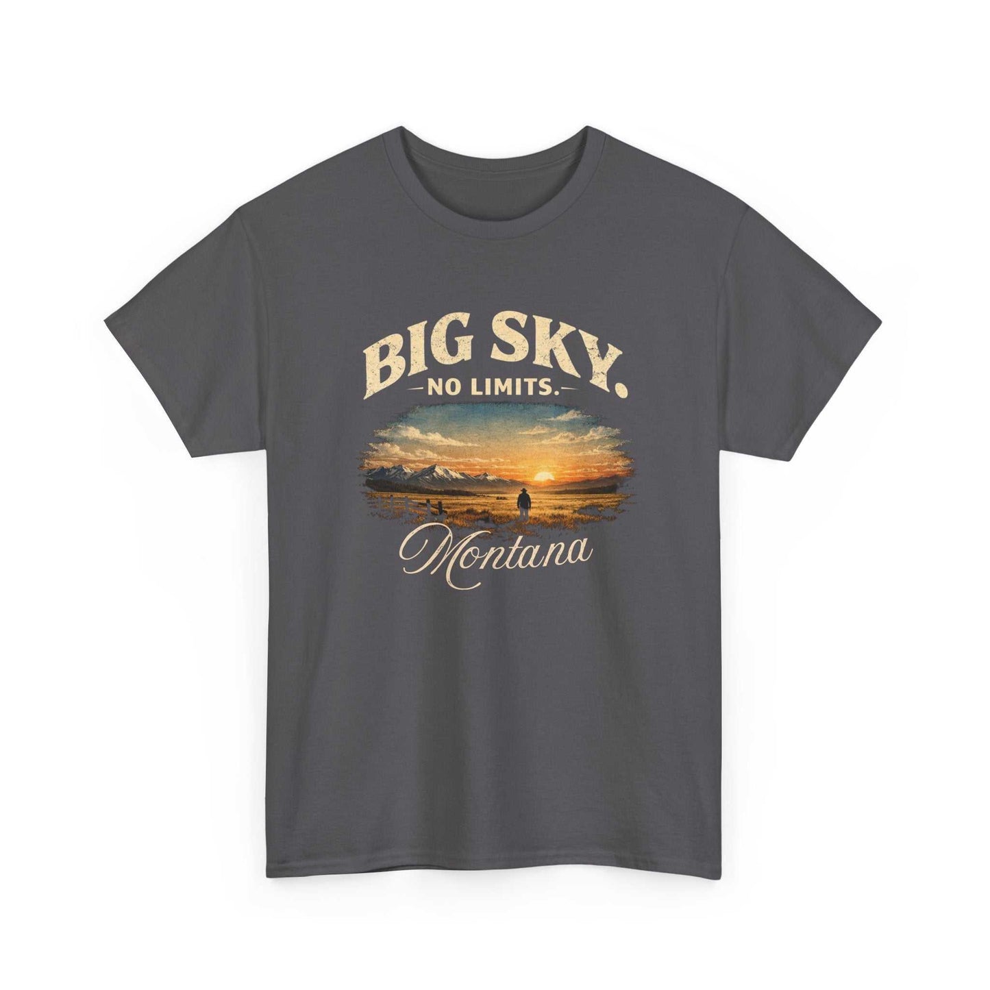 Big Sky Montana T-shirt with vintage sunset landscape graphic by Big Sky Ranch Co. featuring mountain and sunset design.
