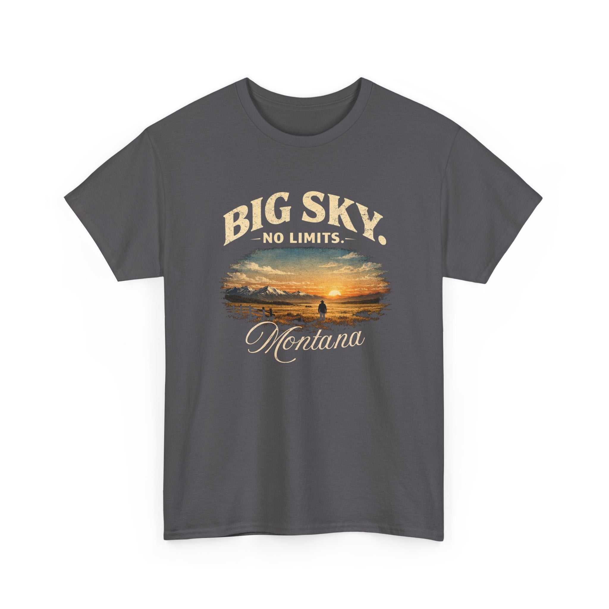 Big Sky Montana T-shirt with vintage sunset landscape graphic by Big Sky Ranch Co. featuring mountain and sunset design.