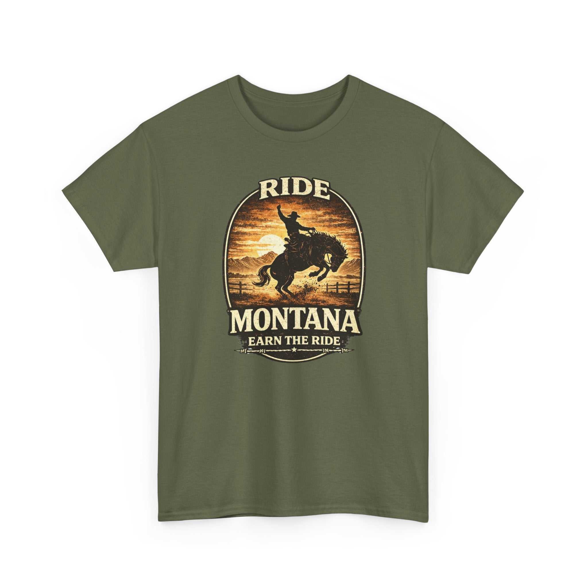 Big Sky Ranch Co. Earn the Ride Montana T-Shirt featuring vintage Bronco cowboy sunset design, casual western graphic tee.