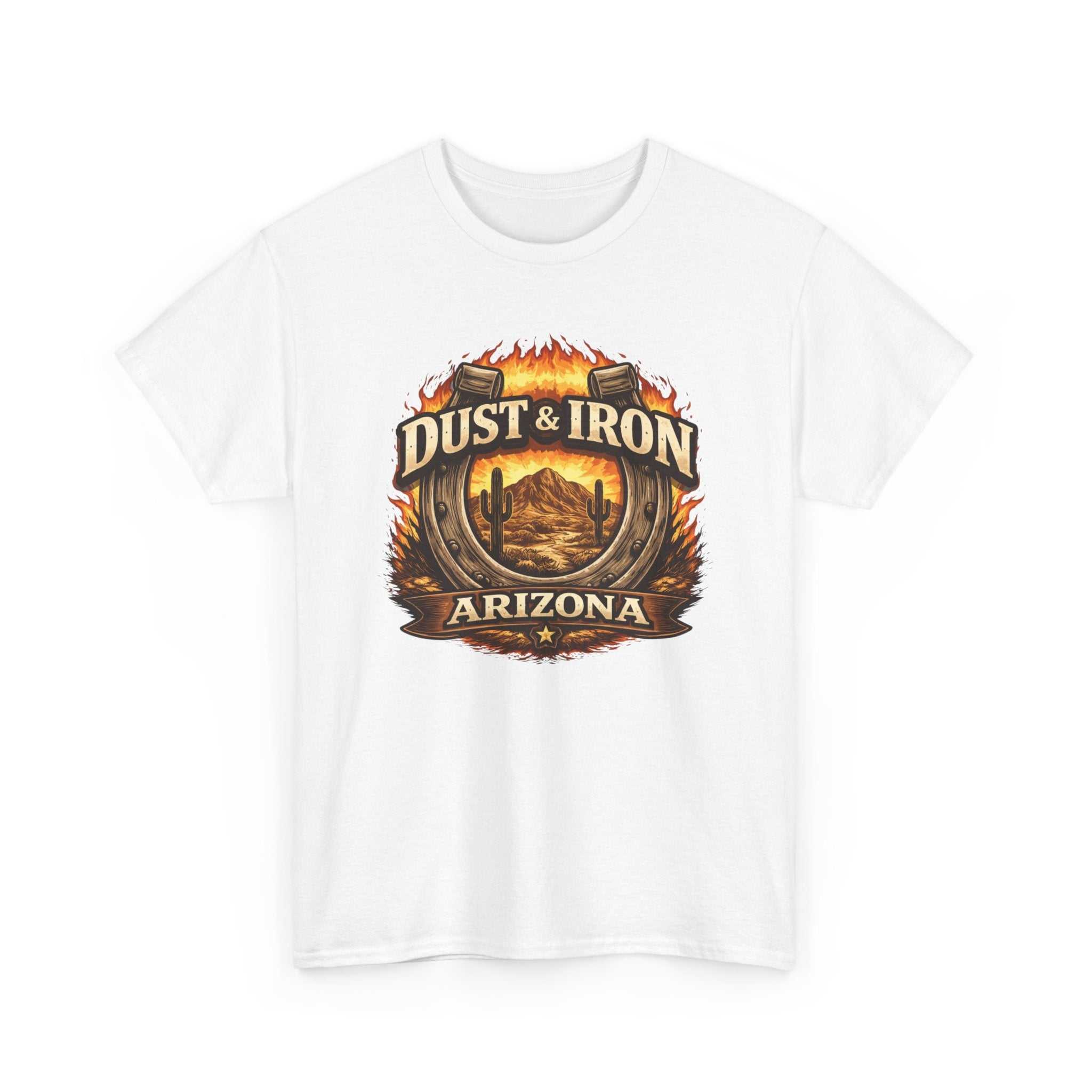 Dust & Iron Arizona T-Shirt by Big Sky Ranch Co., vintage motorcycle emblem design, desert-themed graphic on casual cotton tee.