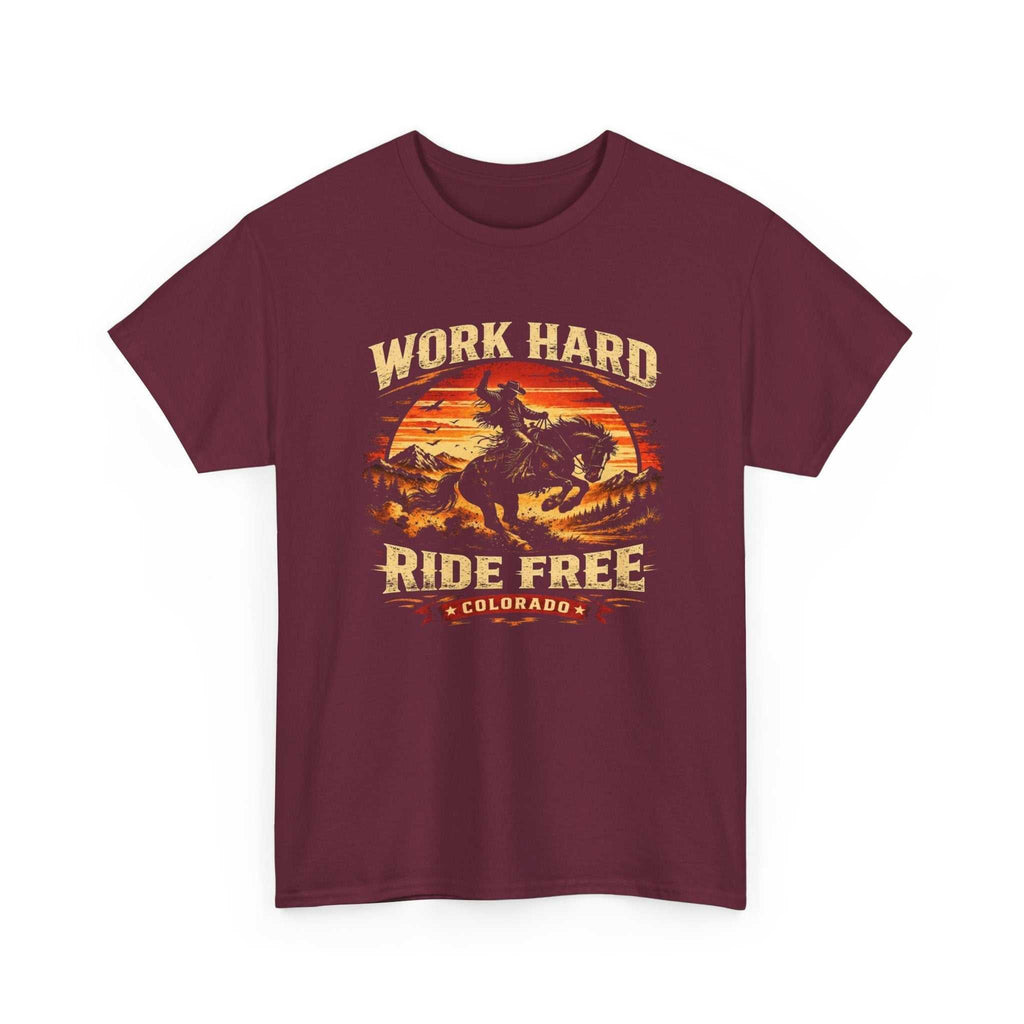 Colorado Cowboy motorcycle retro sunset T-shirt by Big Sky Ranch Co. featuring a vintage design and bold graphics.