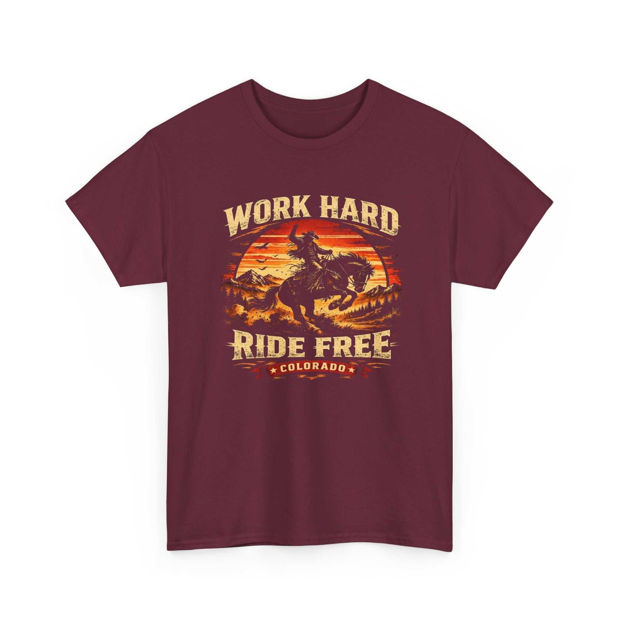 Colorado Cowboy motorcycle retro sunset T-shirt by Big Sky Ranch Co. featuring a vintage design and bold graphics.