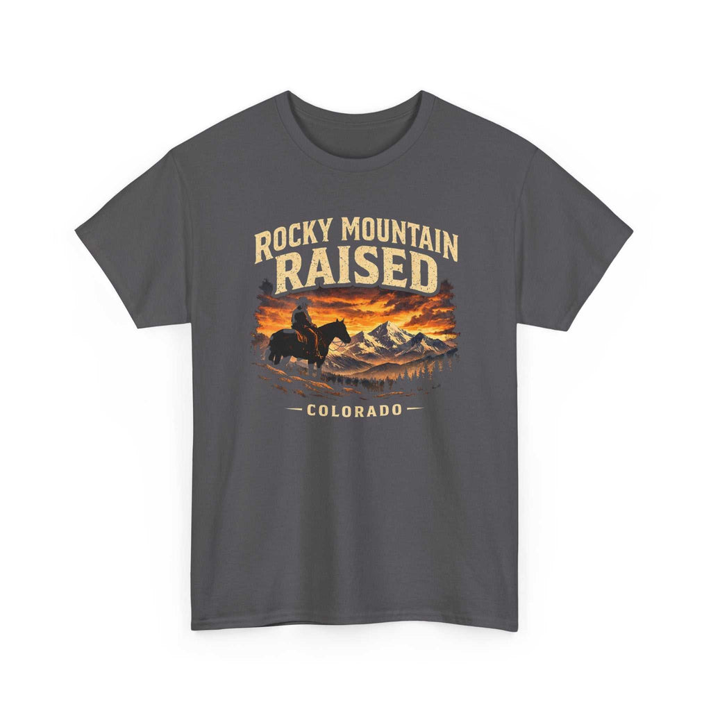 Big Sky Ranch Co. Rocky Mountain Raised Colorado Western cowboy sunset T-Shirt with mountain and sunset design.