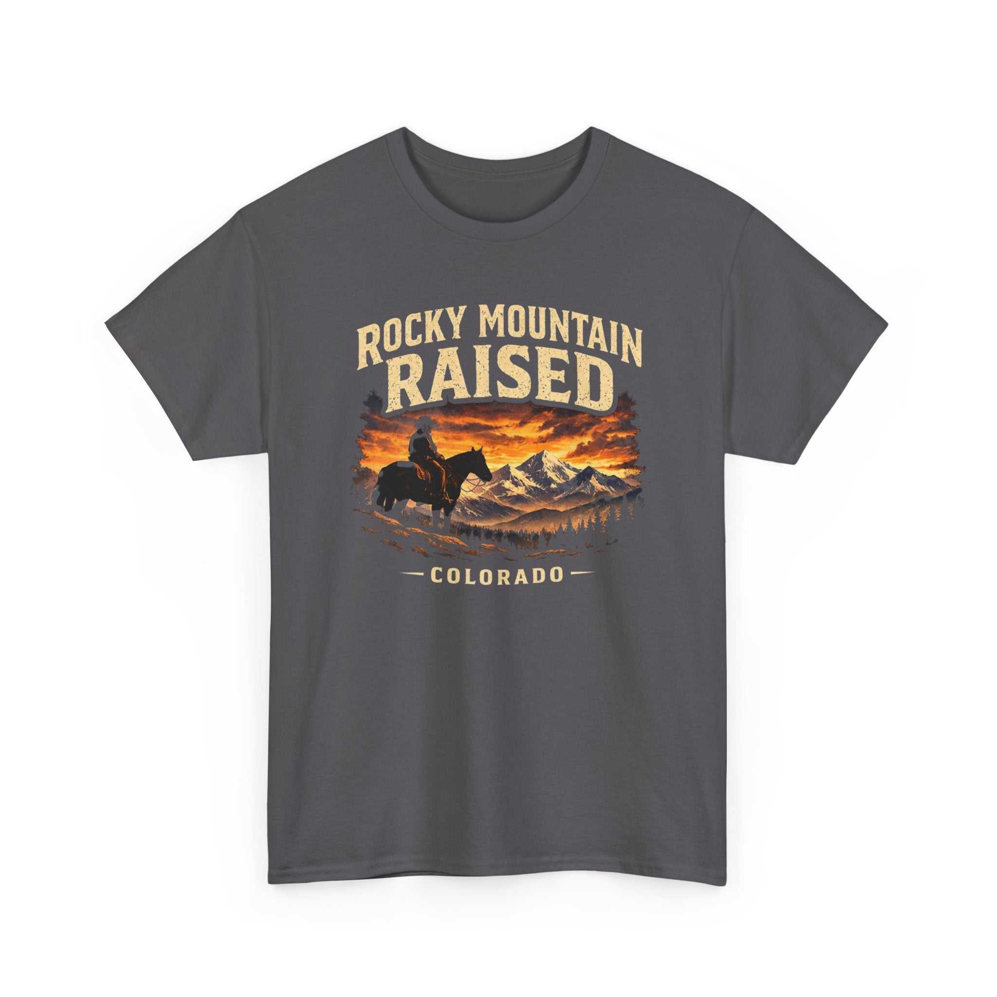 Big Sky Ranch Co. Rocky Mountain Raised Colorado Western cowboy sunset T-Shirt with mountain and sunset design.