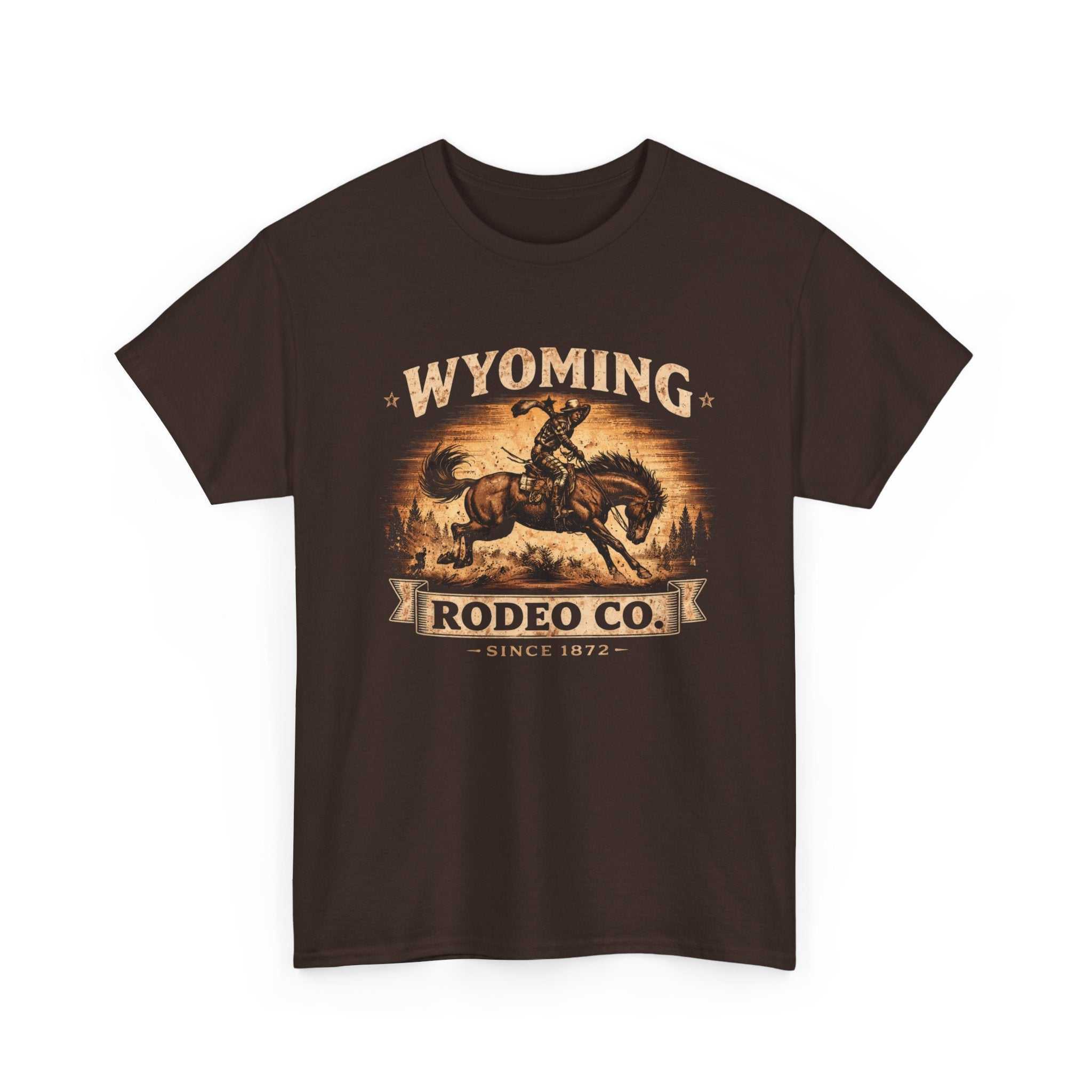 Big Sky Ranch Co. Wyoming Rodeo Co. vintage bucking bronco T-shirt, casual rodeo-themed cotton tee with rodeo graphic design.